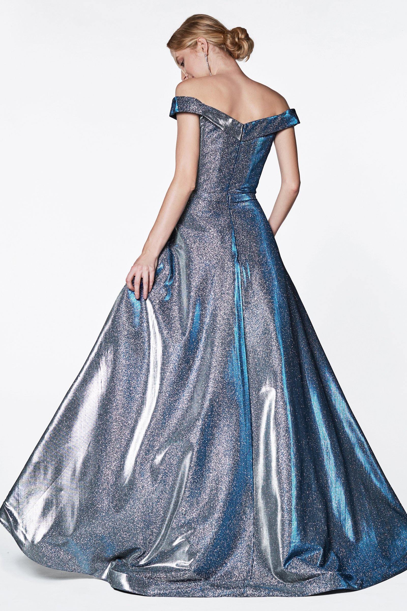 Cinderella Divine CB0036 Long Off Shoulder Prom Glitter Metallic Ball Gown