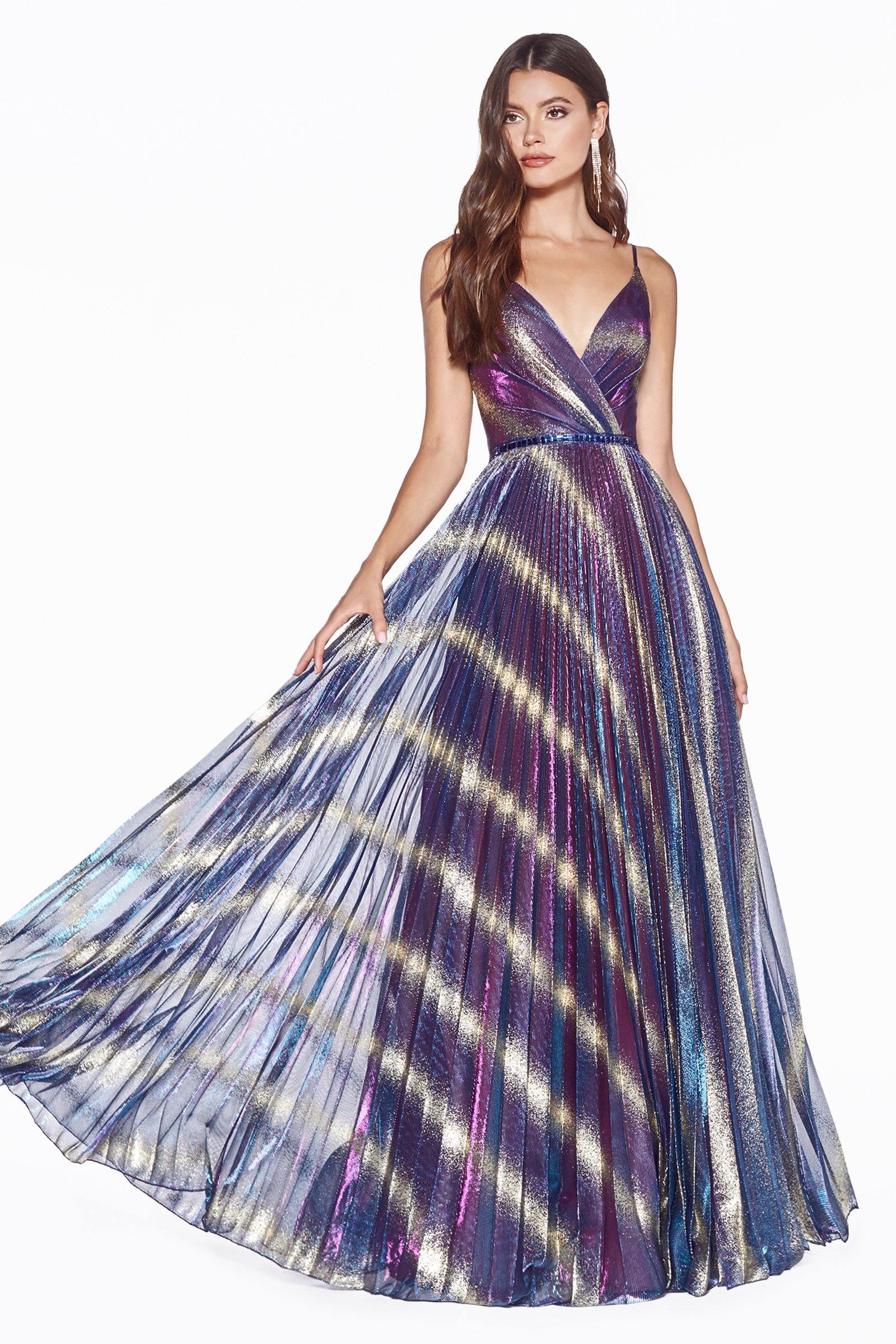 Cinderella Divine KC895 Prom Long Formal Pleated Metallic Print Dress