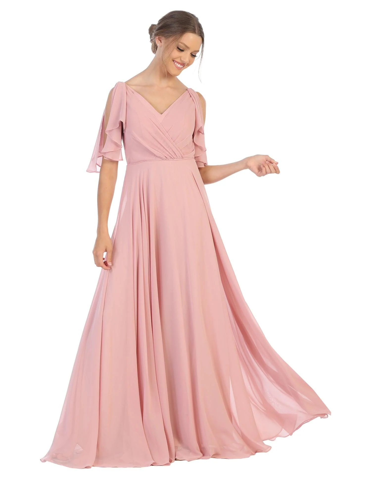 Long Formal Flutter Sleeves Bridesmaids Dress