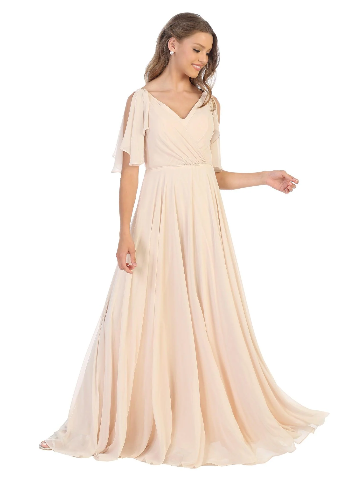 Long Formal Flutter Sleeves Bridesmaids Dress