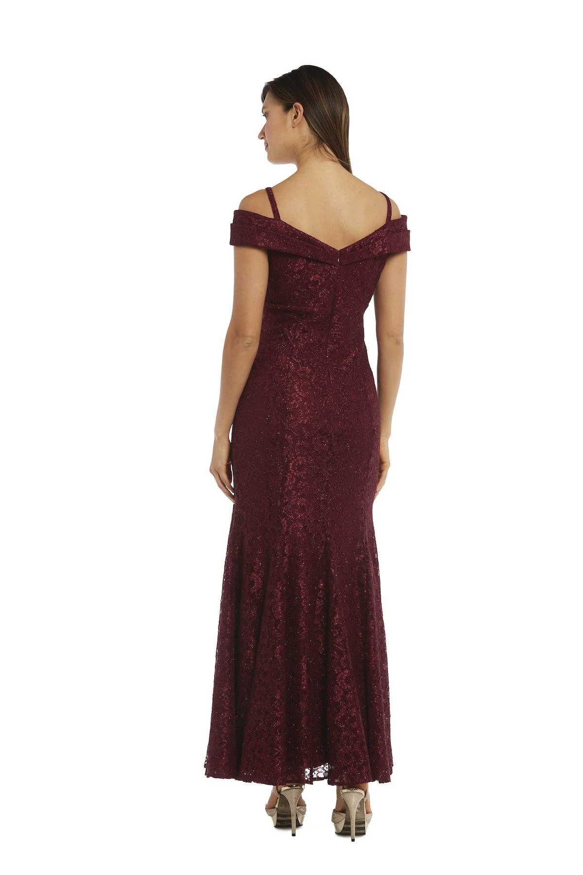R&M Richards 2047P Long Off Shoulder Petite Lace Gown