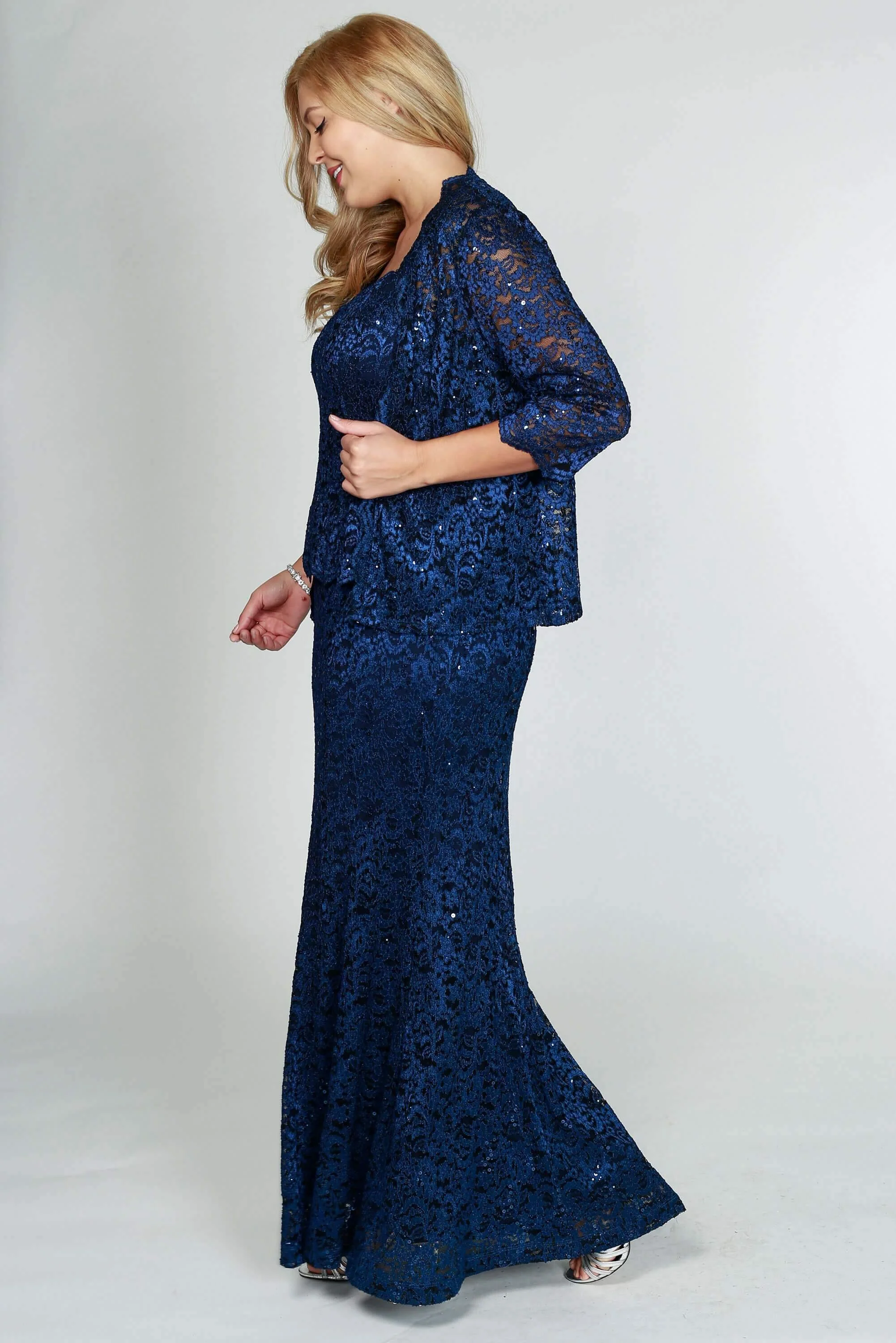 R&M Richards 5385 Formal Jacket Lace Long Dress Navy