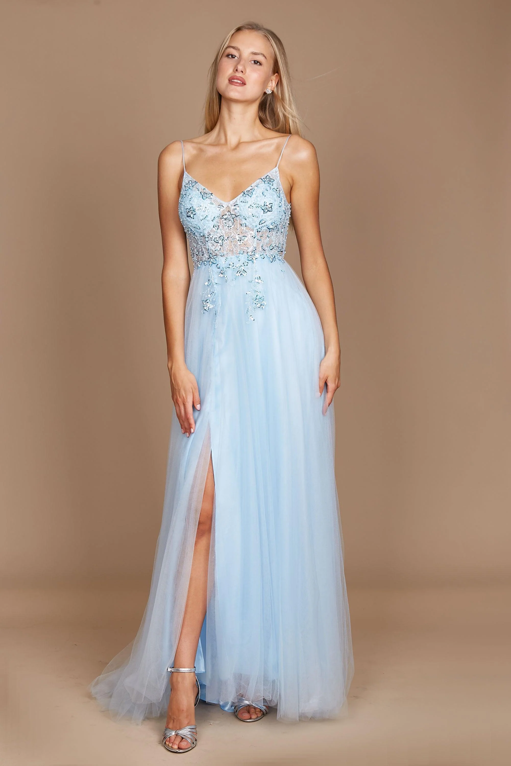 Dylan & Davids Long Jeweled Beaded Tulle Prom Dress