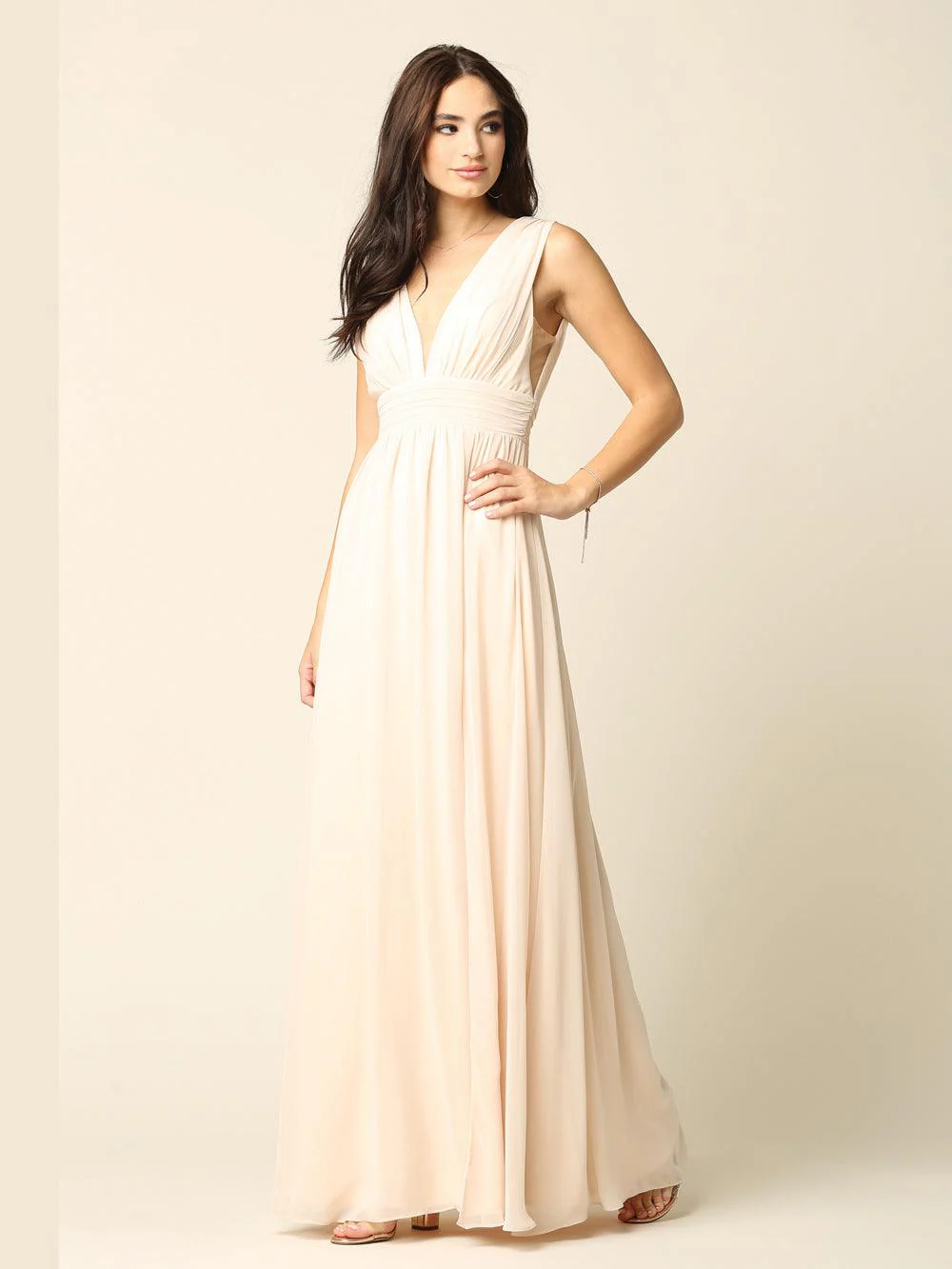 Long Sleeveless Formal Bridesmaids V Neck Dress