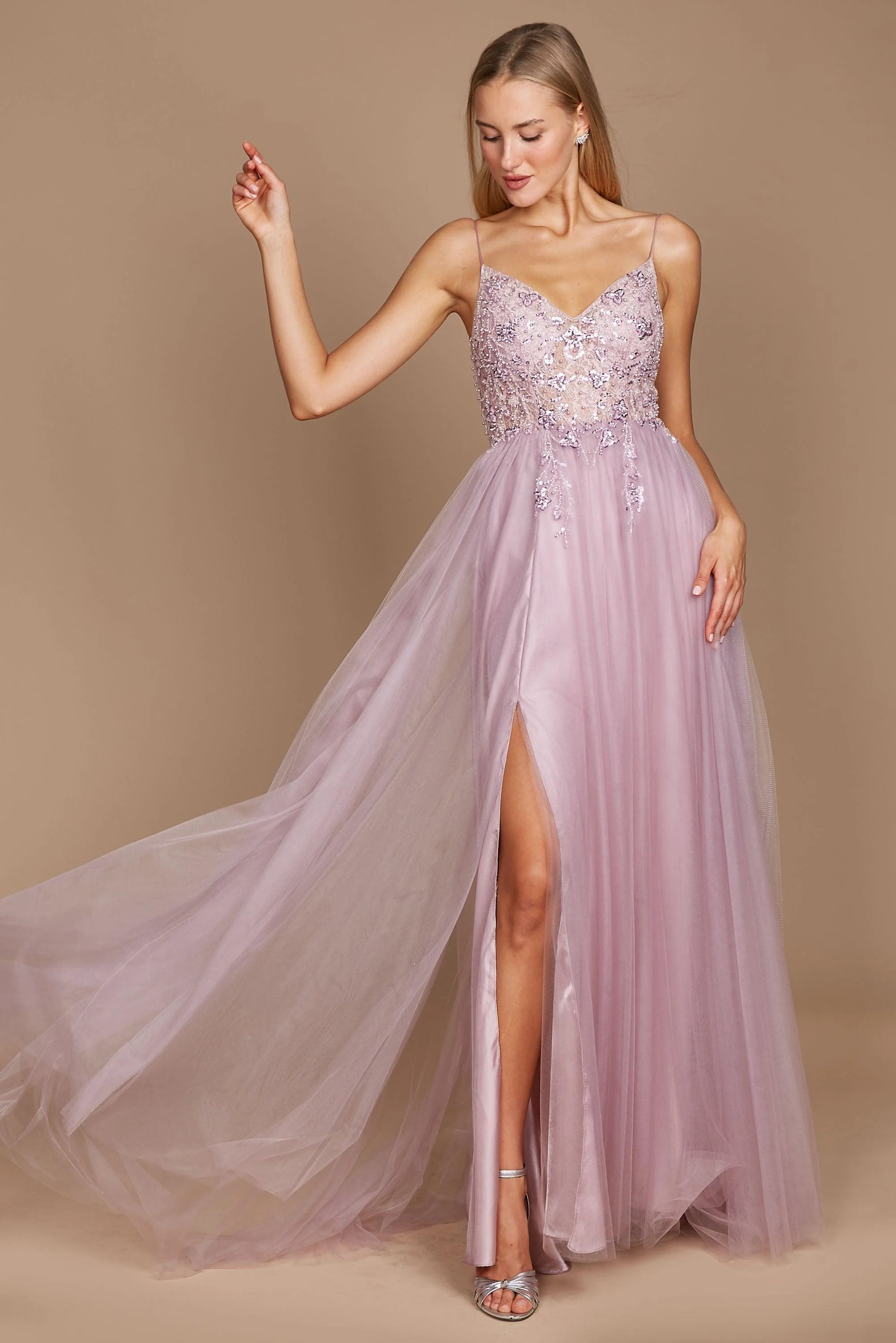Dylan & Davids Long Jeweled Beaded Tulle Prom Dress