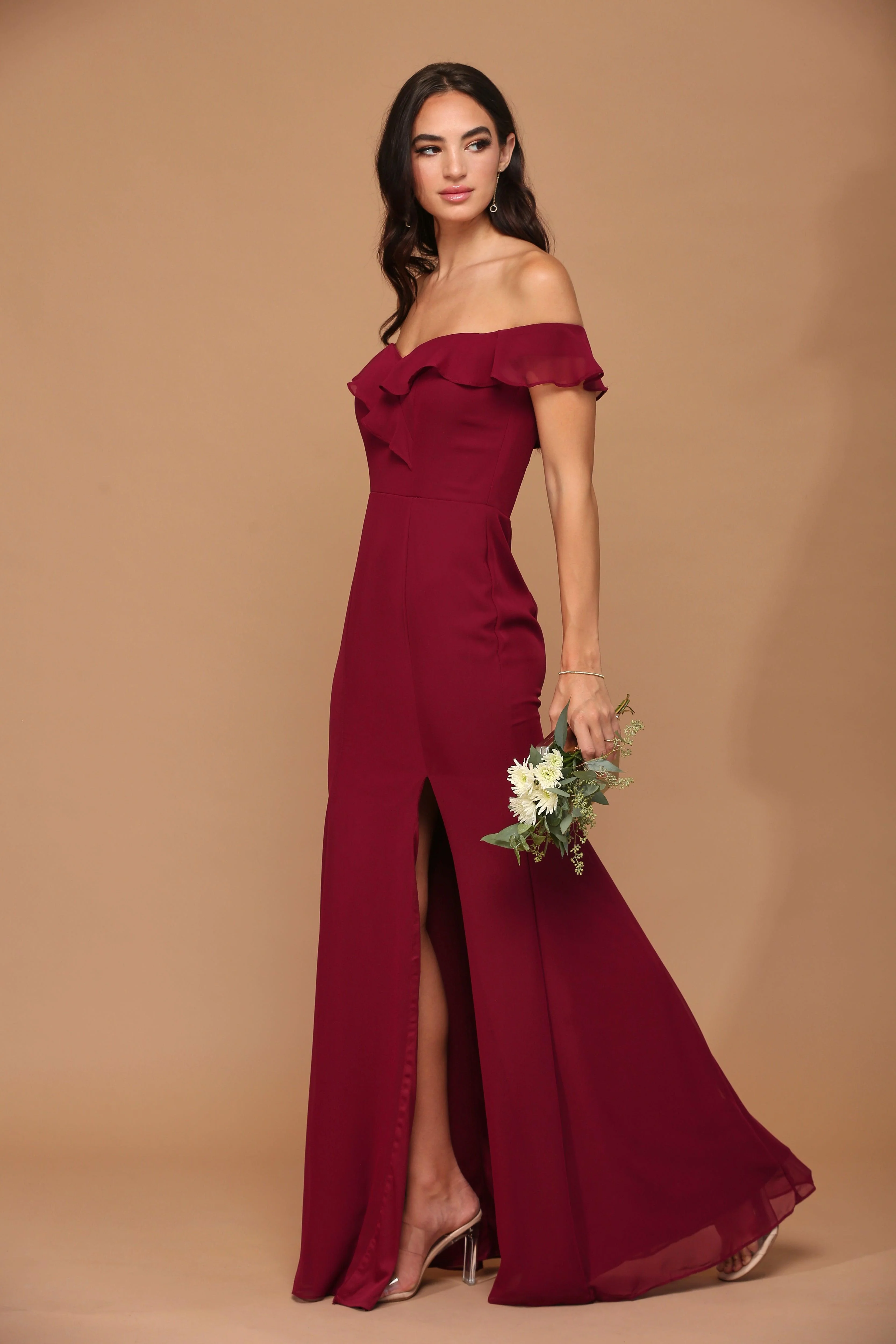 Long Off Shoulder Formal Bridesmaids Chiffon Dress