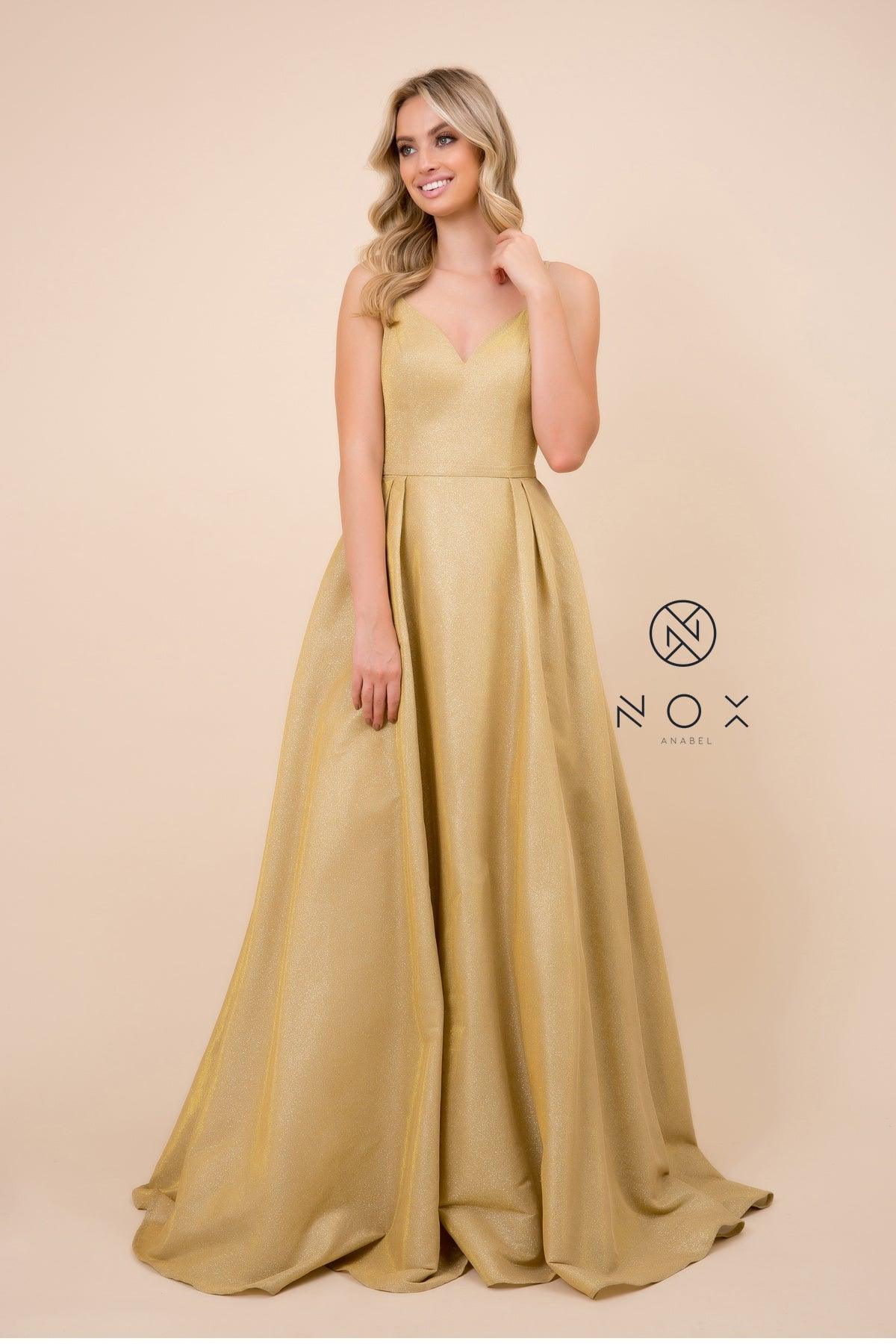 Long Metallic V Neck Formal Prom Dress Evening Gown