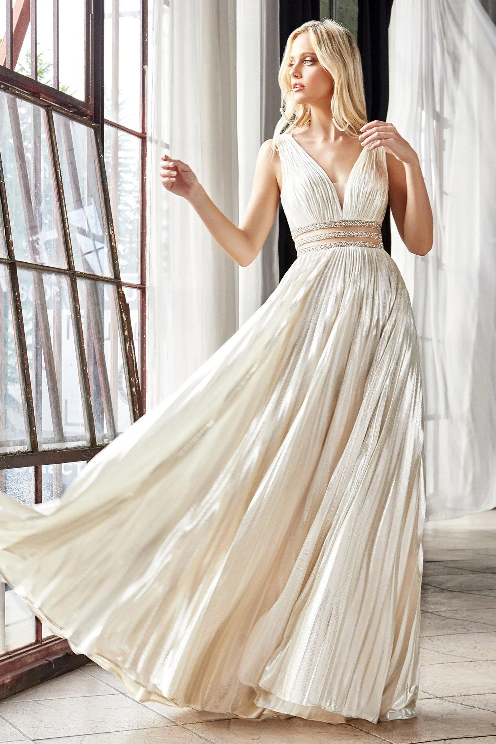 Cinderella Divine CJ537 Long Formal Sleeveless Metallic Pleated Prom Dress