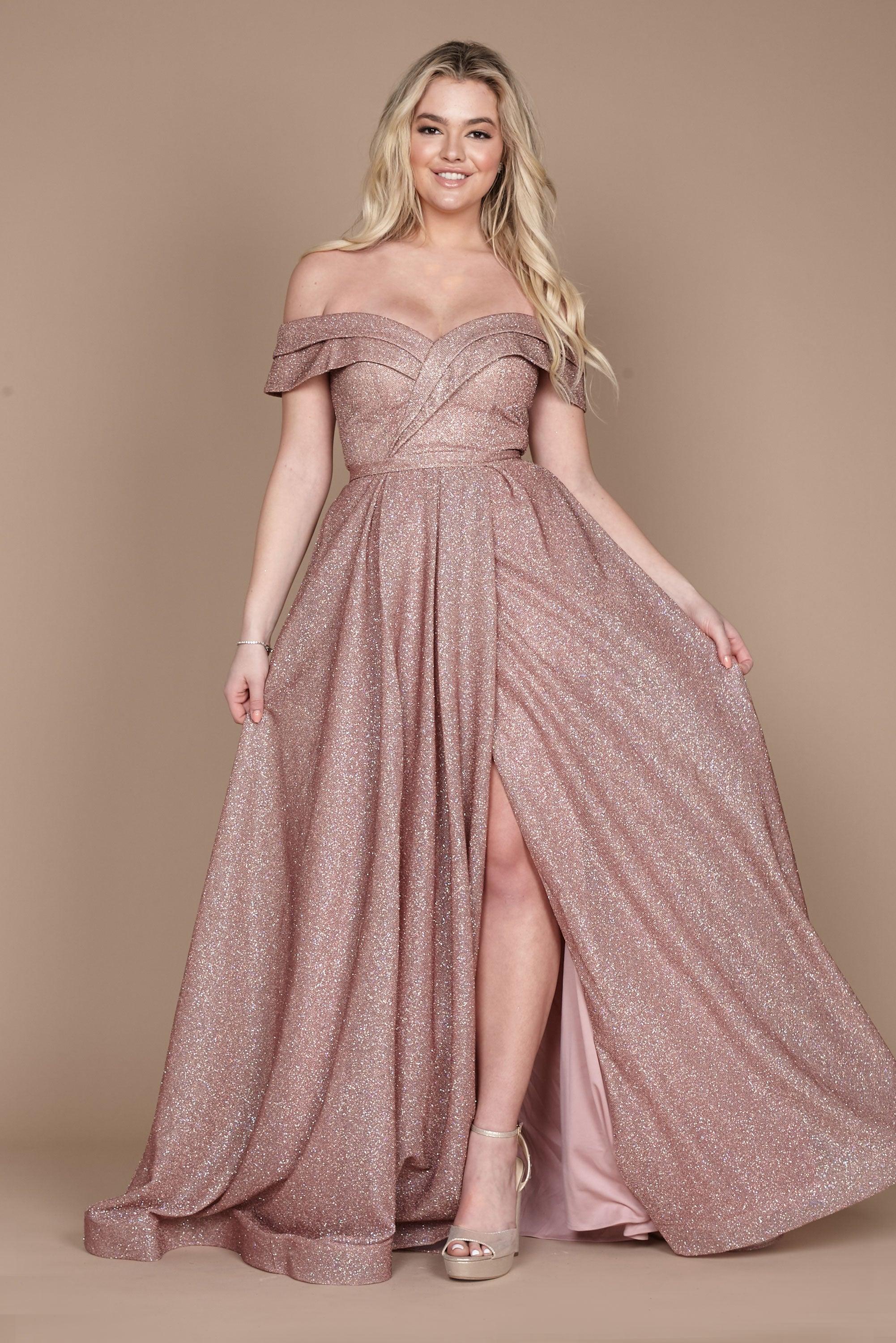 Dylan & Davids Long Off Shoulder Glitter Prom Dress
