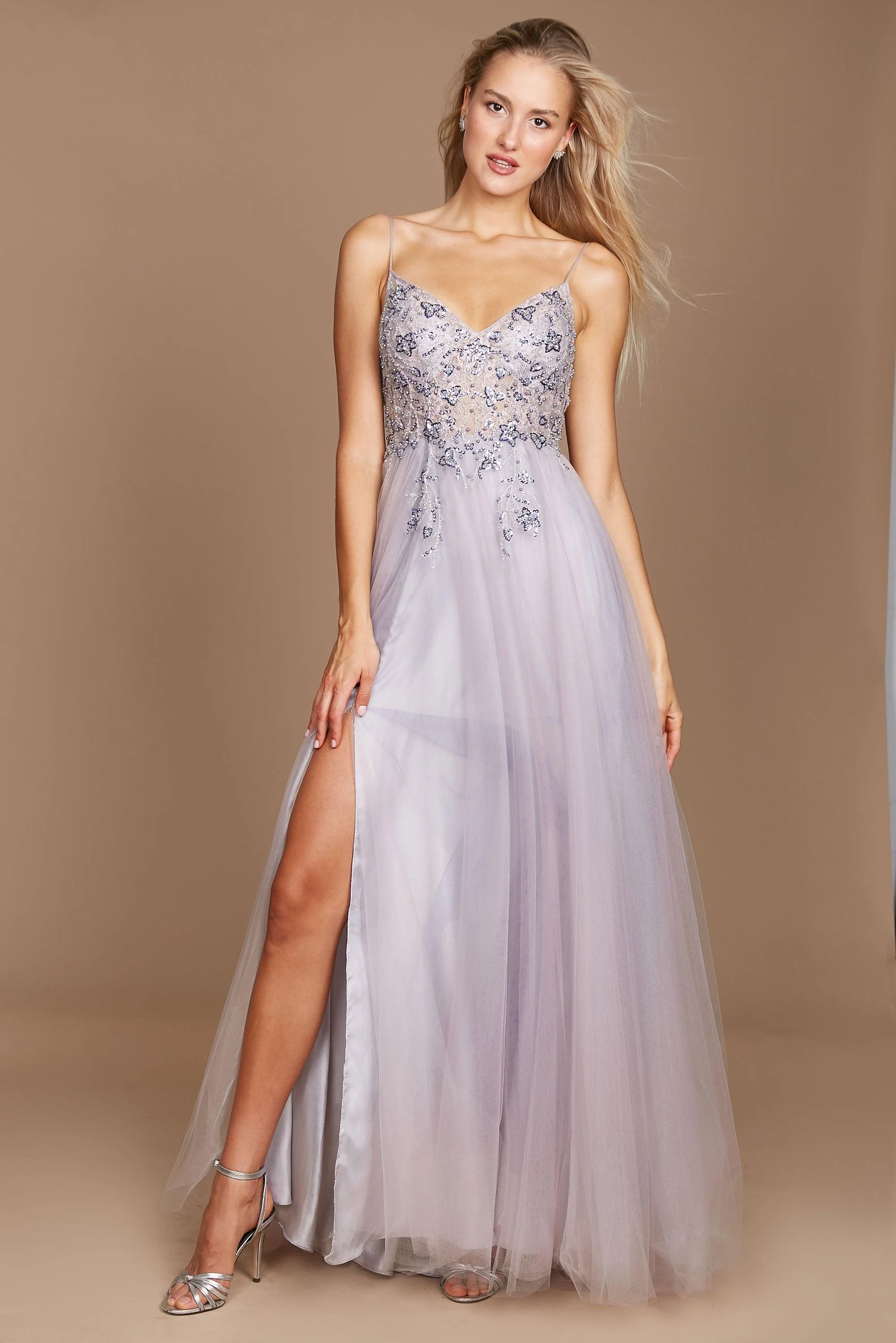 Dylan & Davids Long Jeweled Beaded Tulle Prom Dress