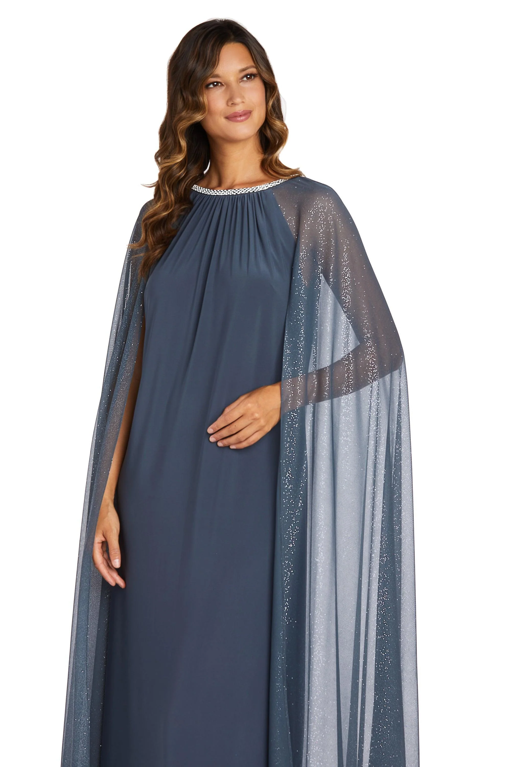 R&M Richards 2662P Long Formal Petite Cape Dress