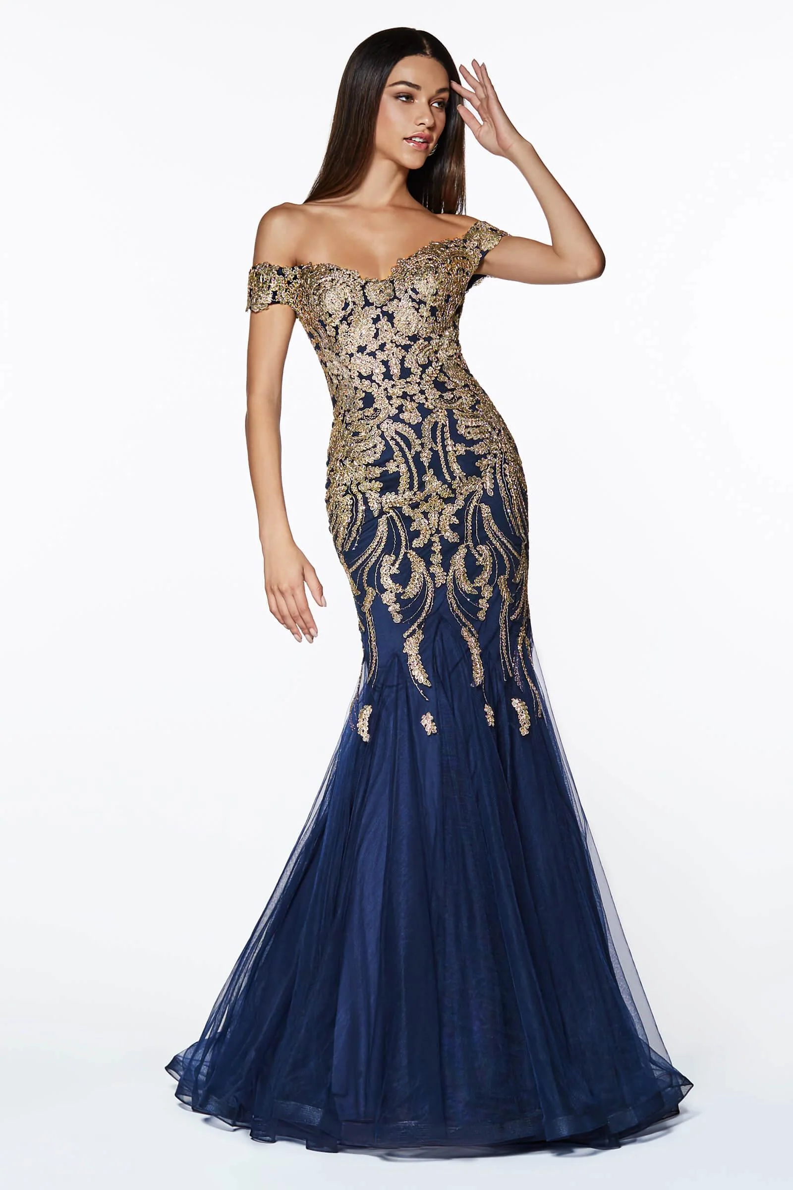 Cinderella Divine KV1035 Long Off The Shoulder Evening Gown Mermaid Prom Dress