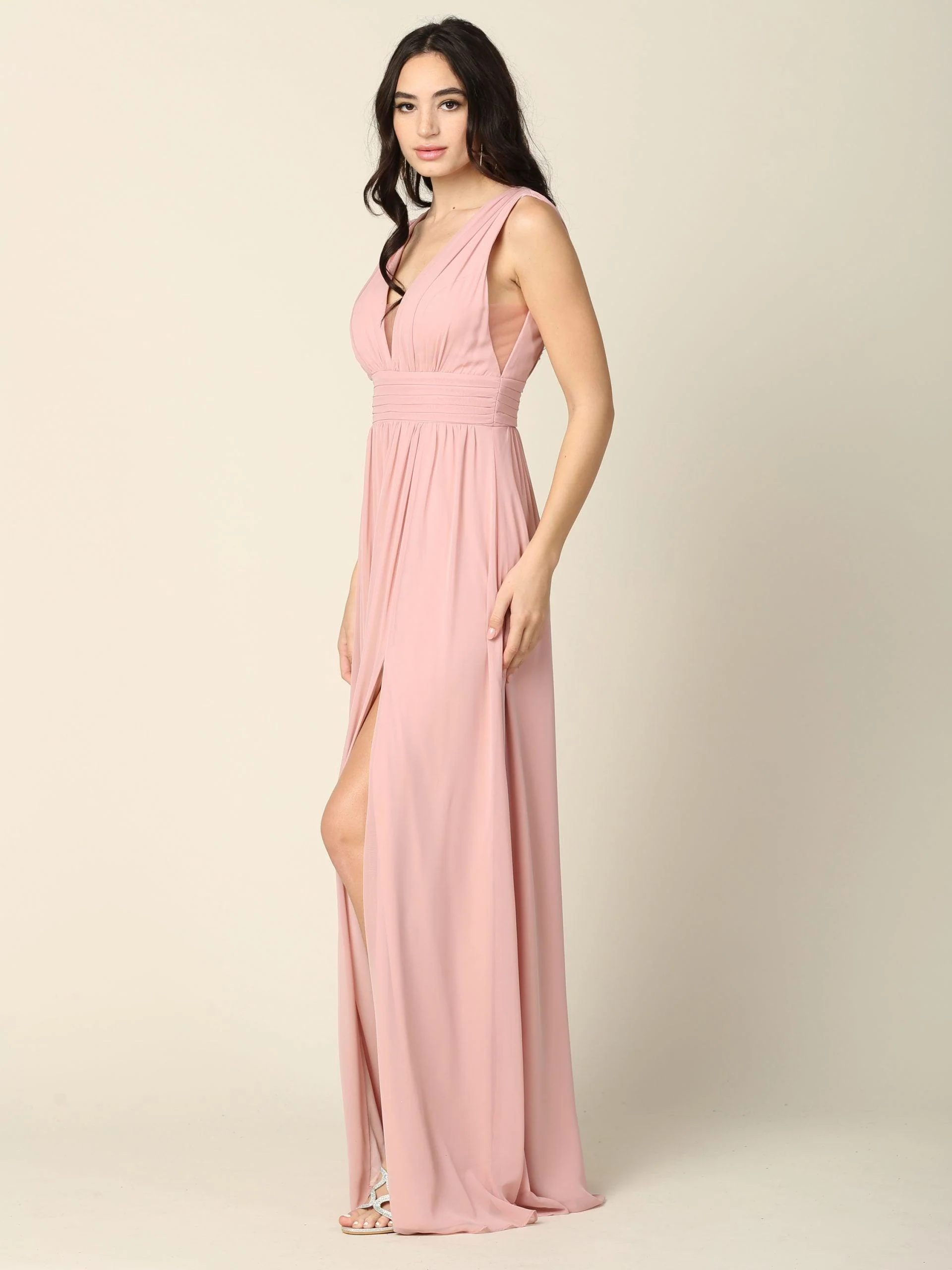 Long Sleeveless Formal Bridesmaids V Neck Dress