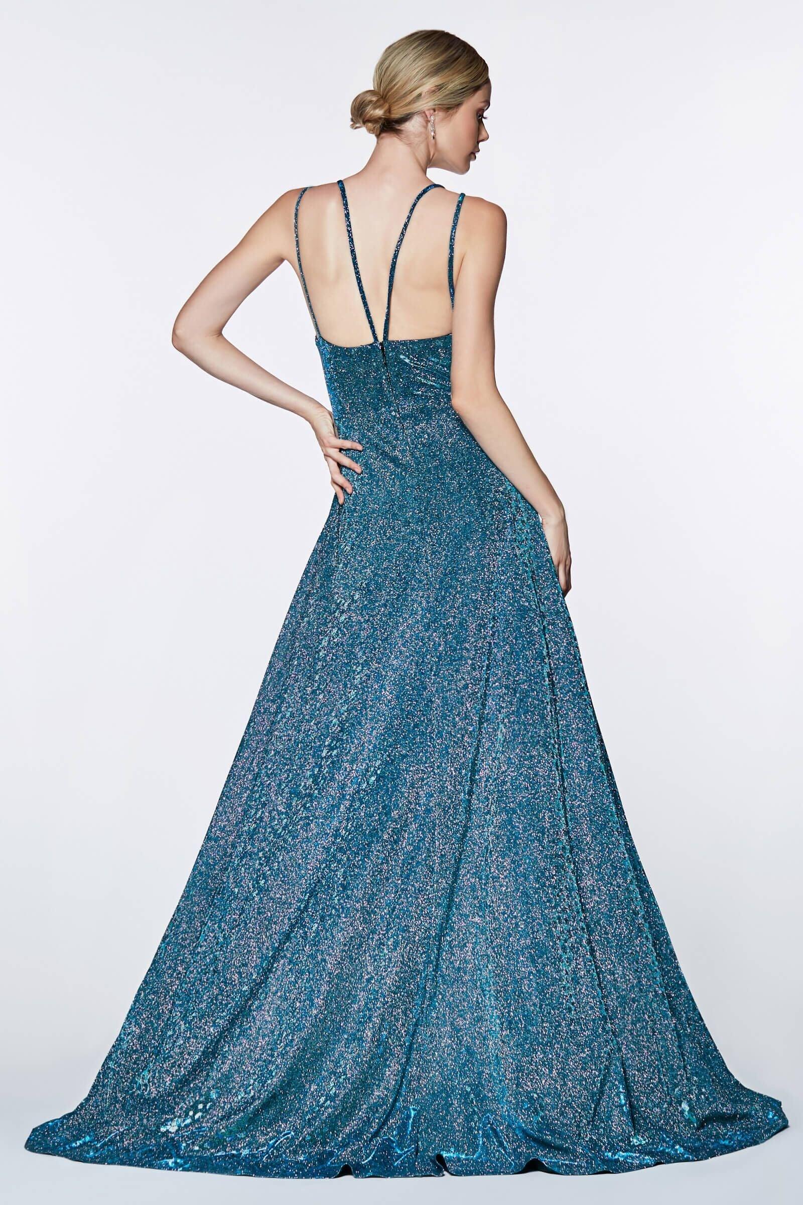 Cinderella Divine KC878 Long Formal Spaghetti Strap Deep V-Neck Glitter Prom Dress