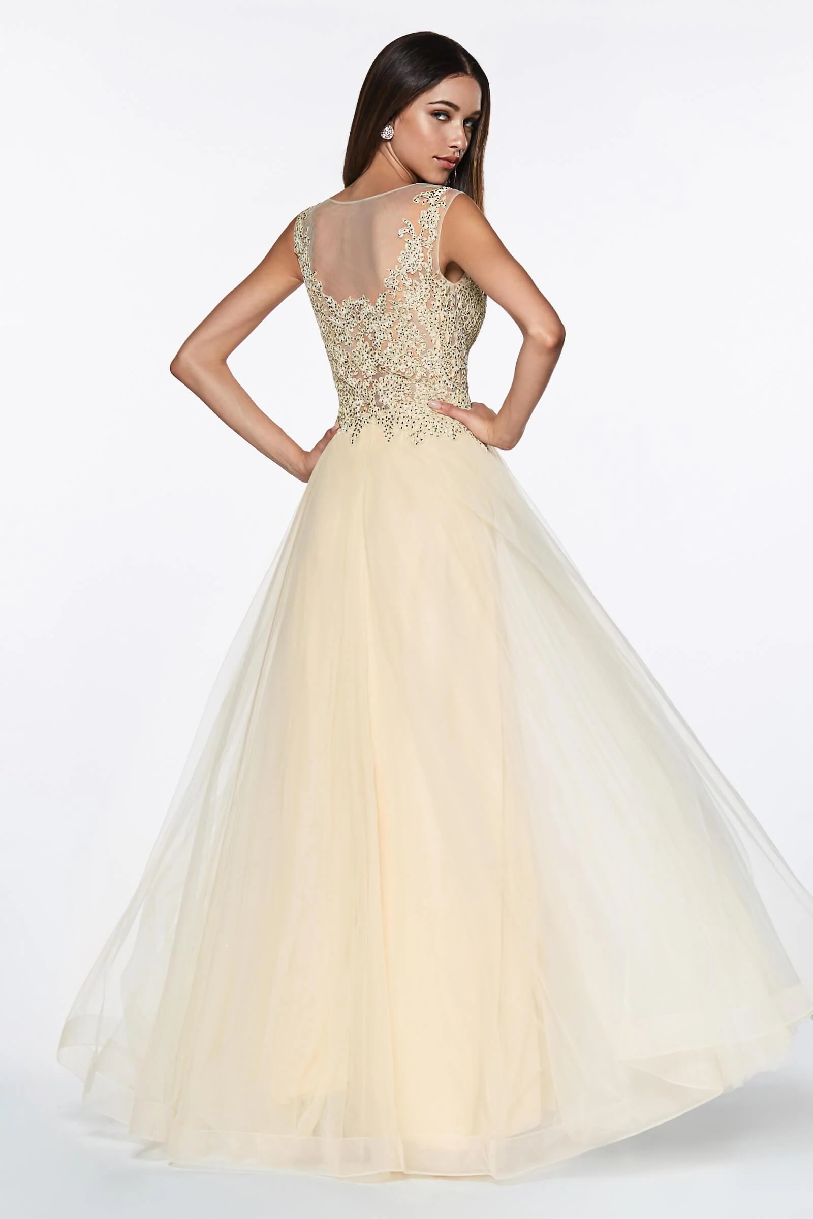 Cinderella Divine CD0136 Long Formal Closed Back Lace Prom Dress