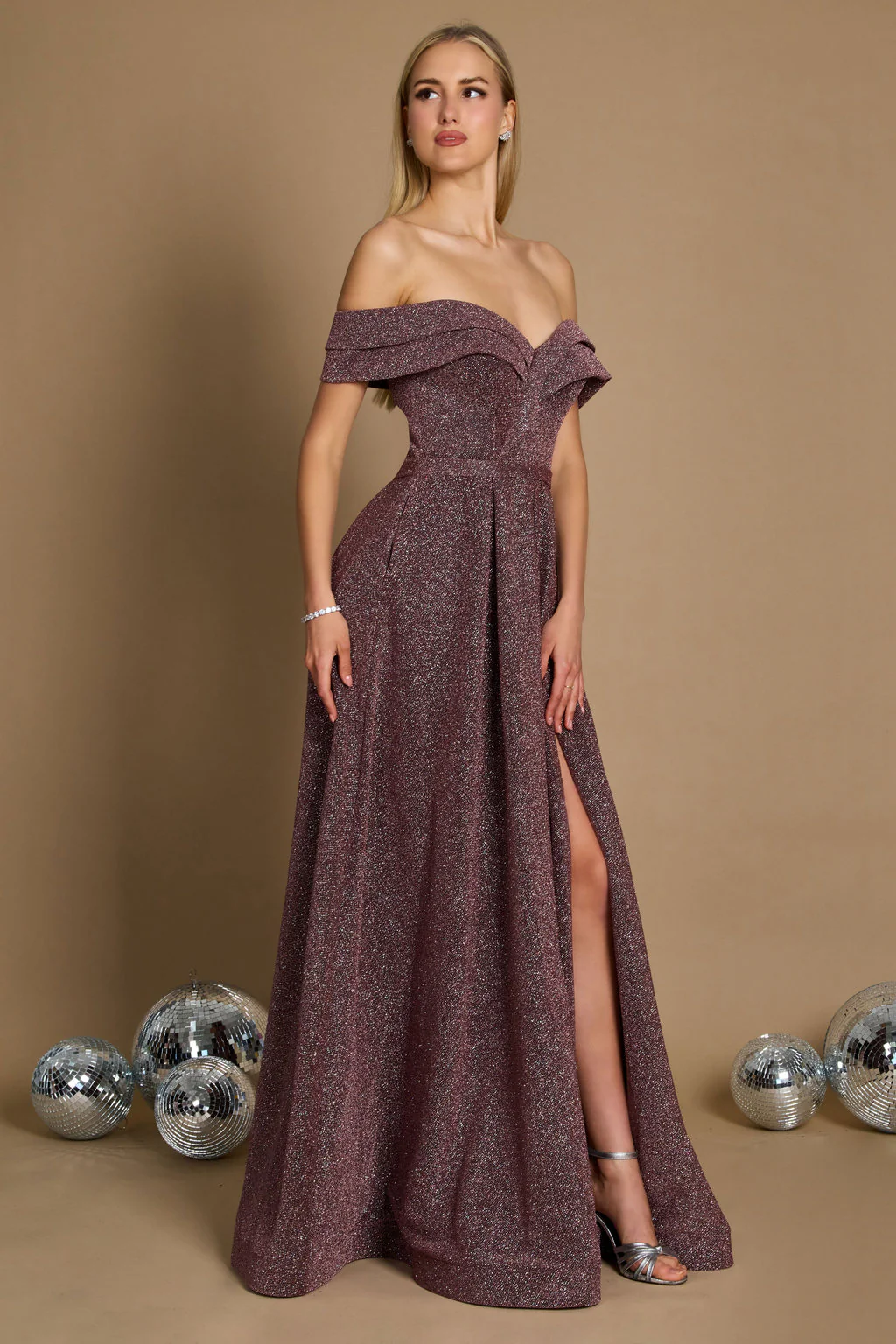 Dylan & Davids Long Off Shoulder Glitter Prom Dress