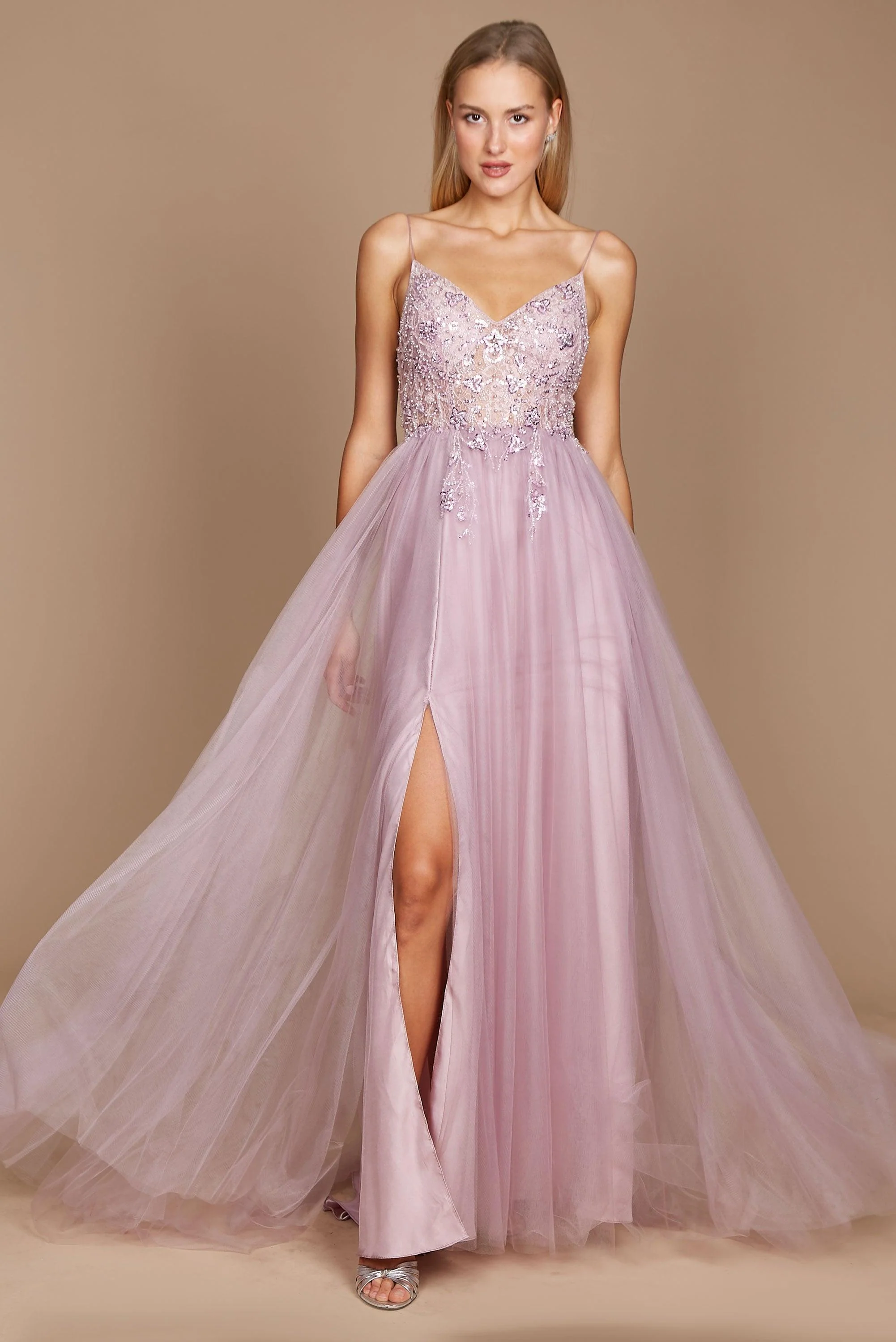 Dylan & Davids Long Jeweled Beaded Tulle Prom Dress