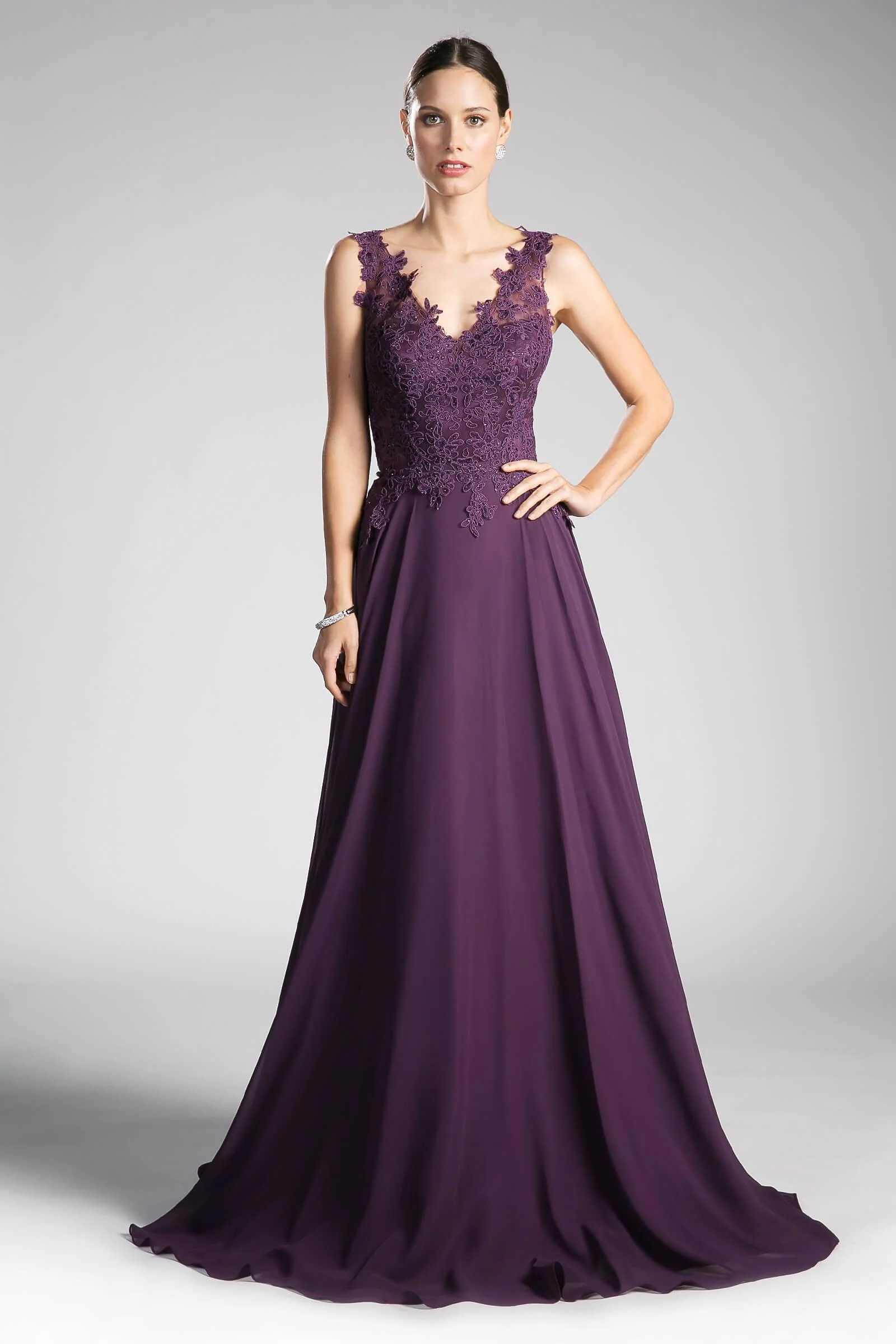 Cinderella Divine CD9177 Long Chiffon V-Neck Prom Sleeveless Formal Dress