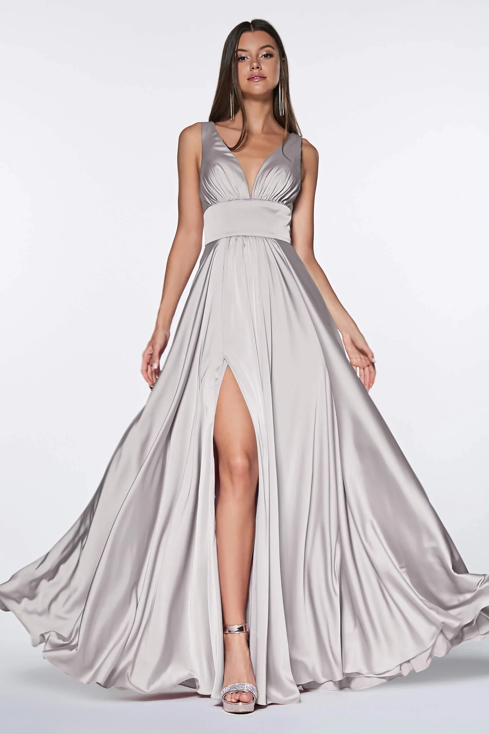 Cinderella Divine CD7469 Satin Prom Long High Slit Dress