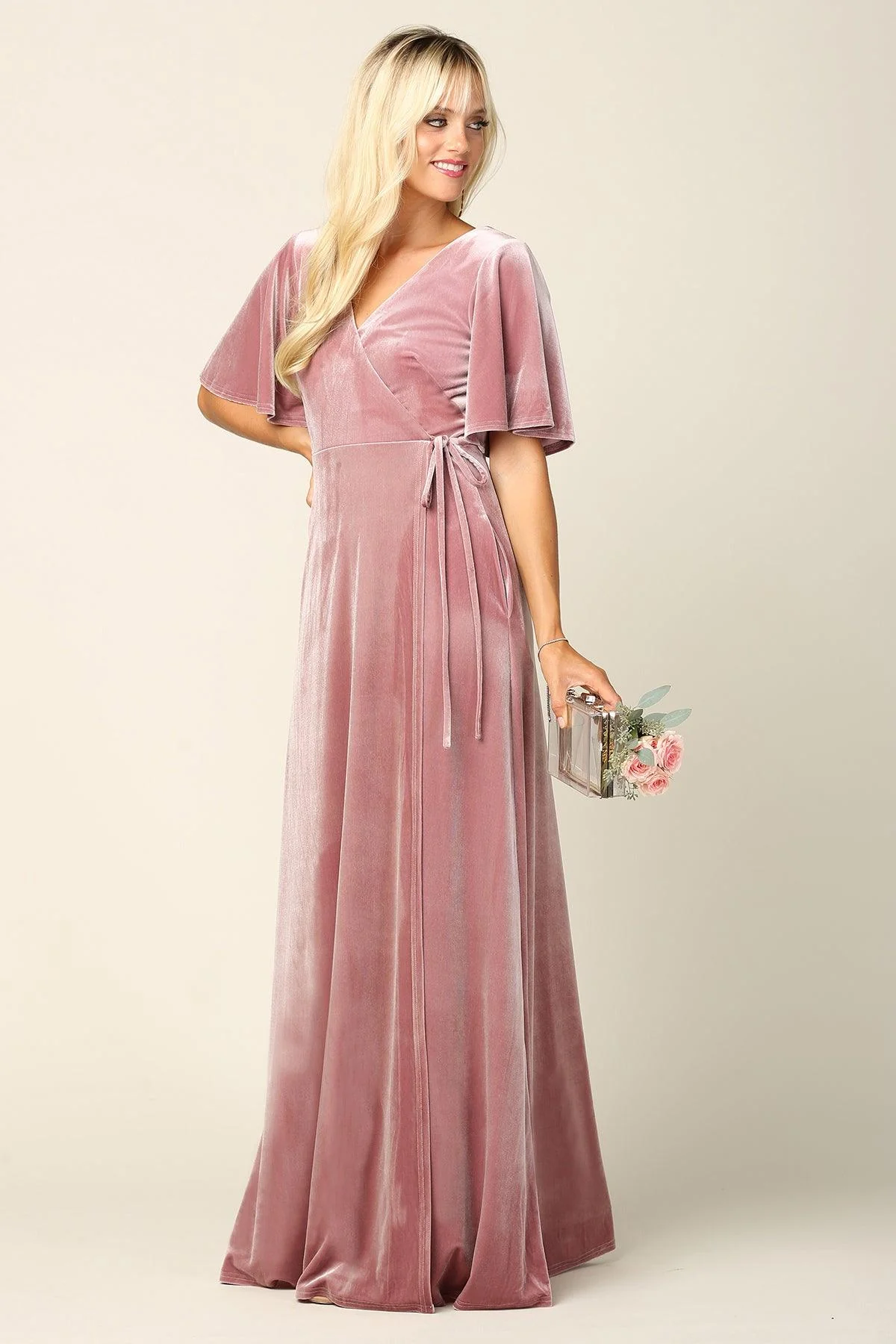 Mother of the Bride Long Flutter Sleeve Velvet Gown
