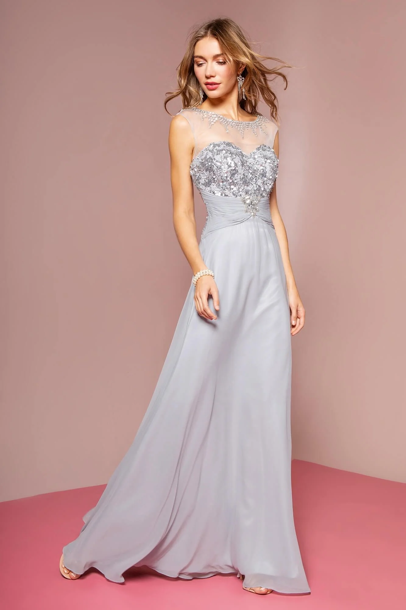 Sequin Embellished Chiffon Long Prom Dress