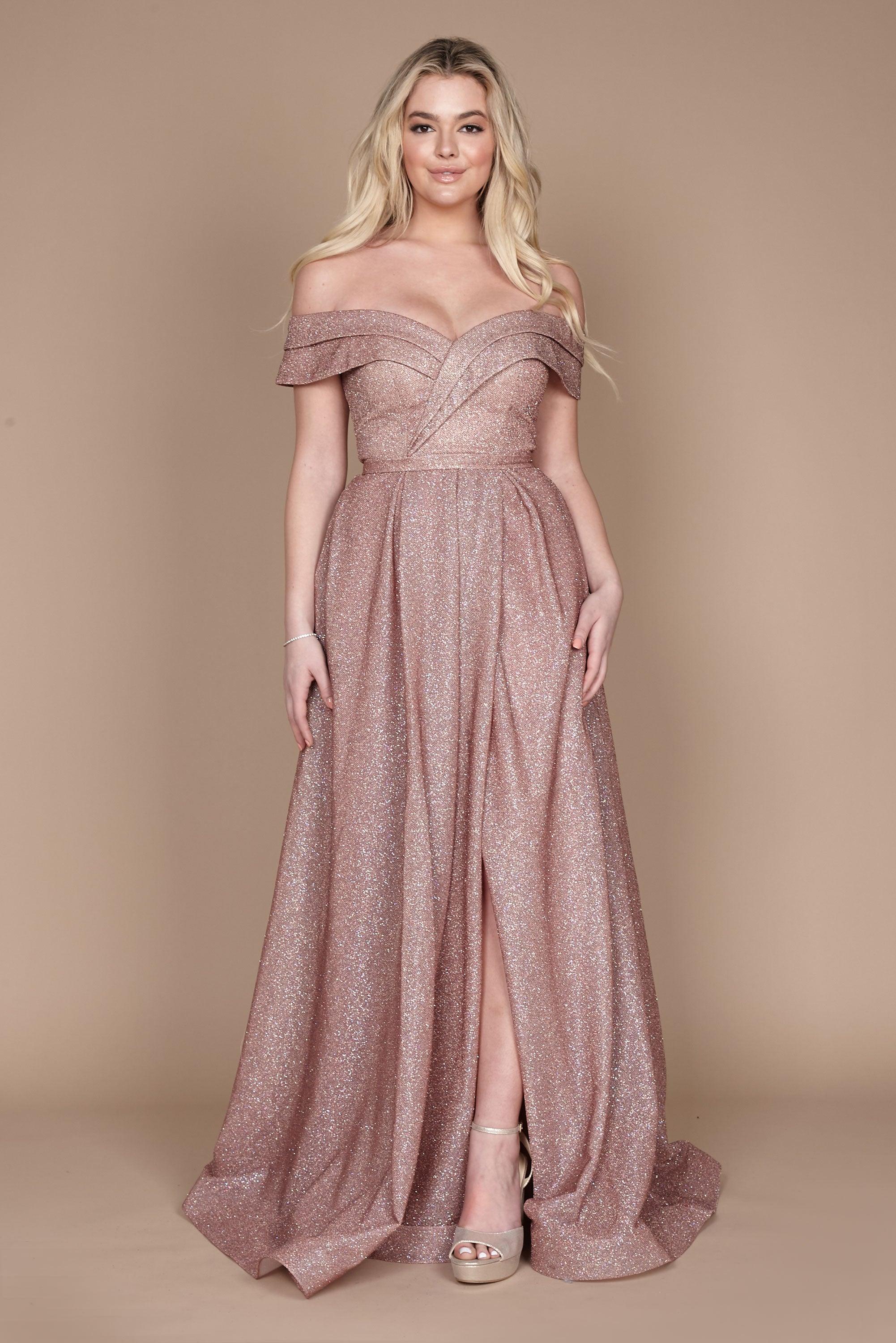 Dylan & Davids Long Off Shoulder Glitter Prom Dress