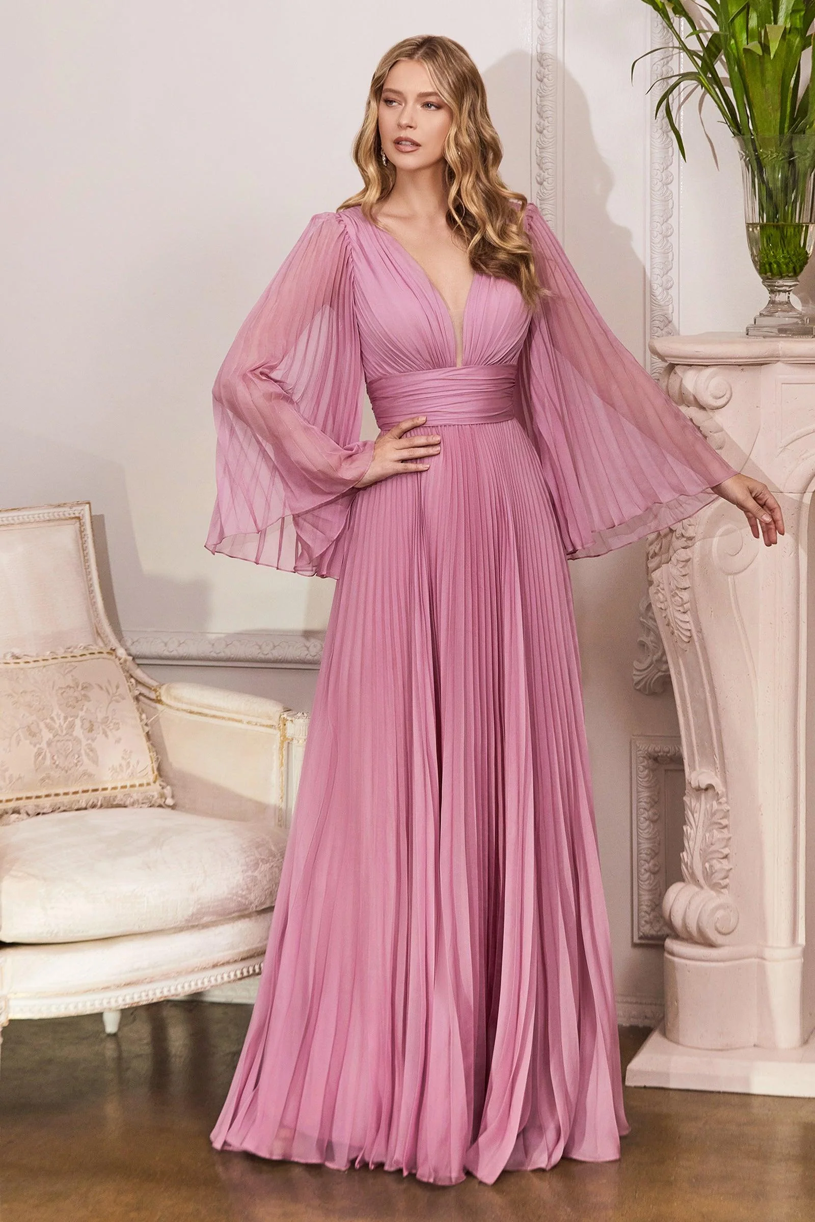 Cinderella Divine CD242 Long Sleeve Pleated Formal Prom Dress
