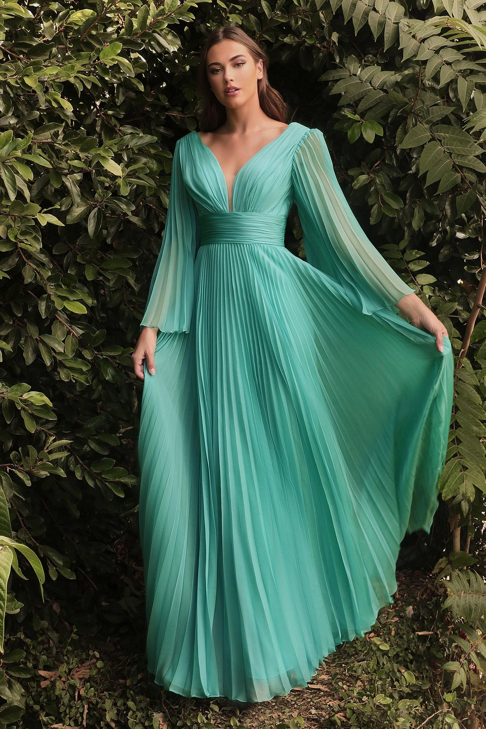 Cinderella Divine CD242 Long Sleeve Pleated Formal Prom Dress
