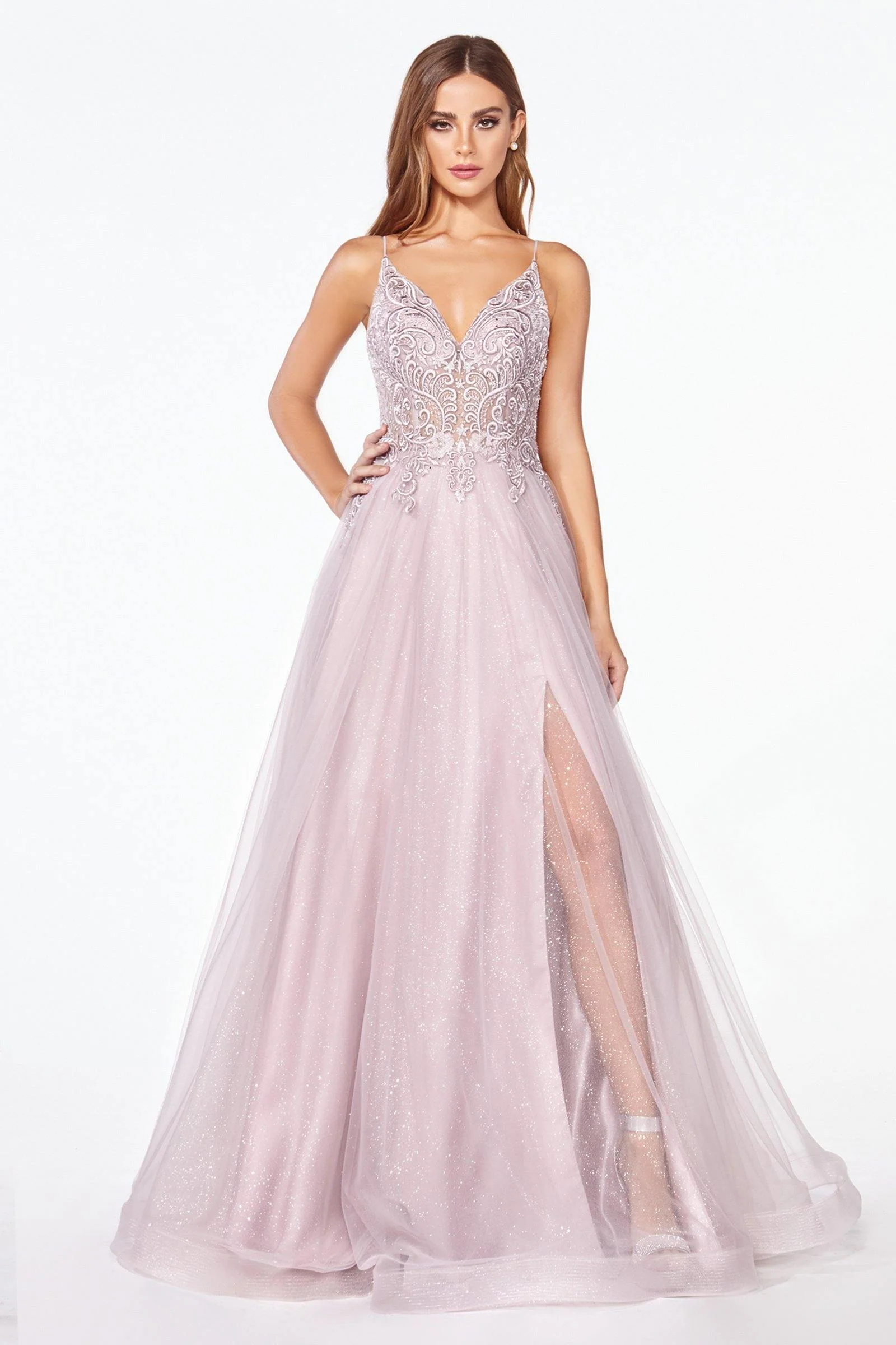 Cinderella Divine KC897 Long Prom Glitter Spaghetti Strap Formal Dress