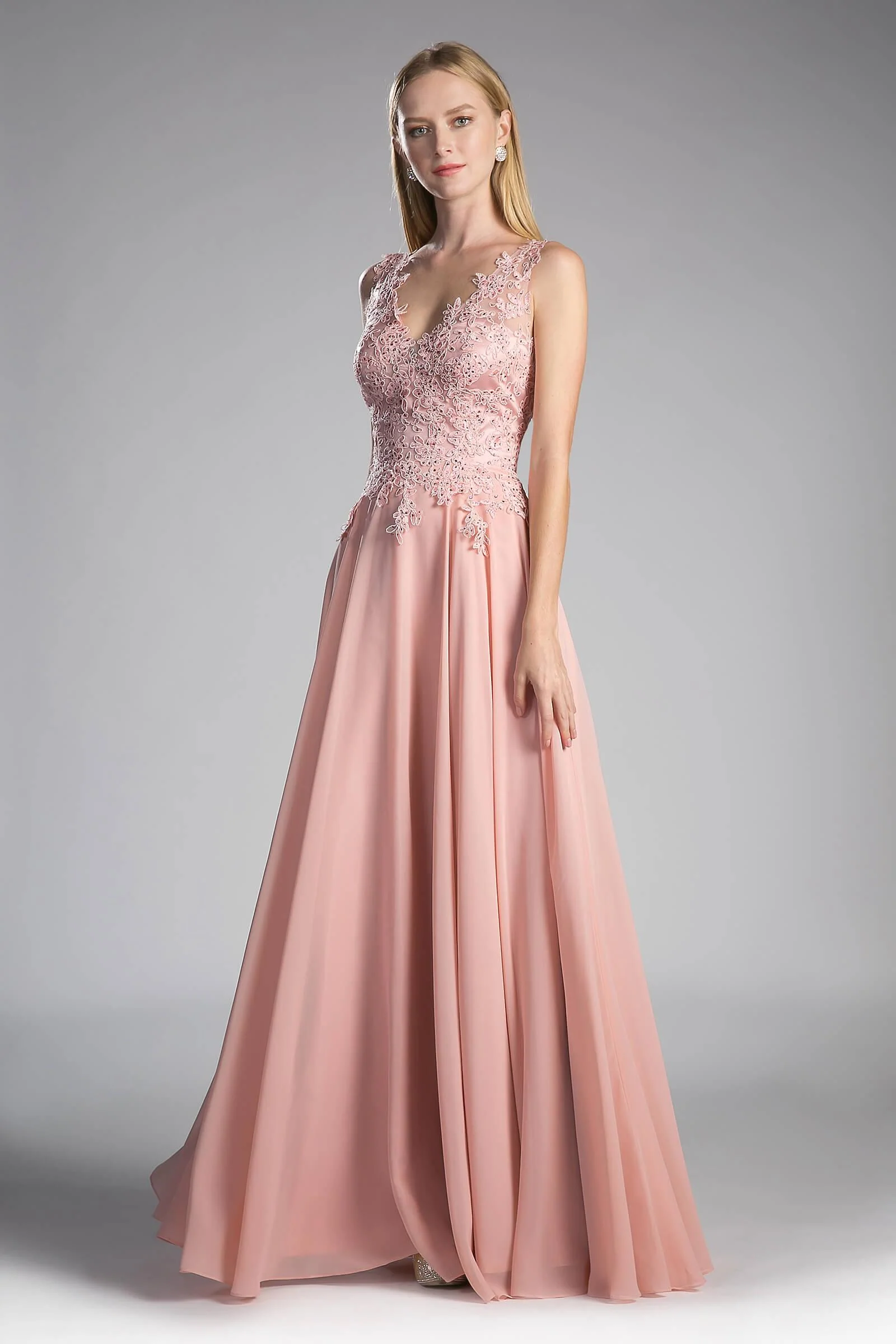 Cinderella Divine CD9177 Long Chiffon V-Neck Prom Sleeveless Formal Dress