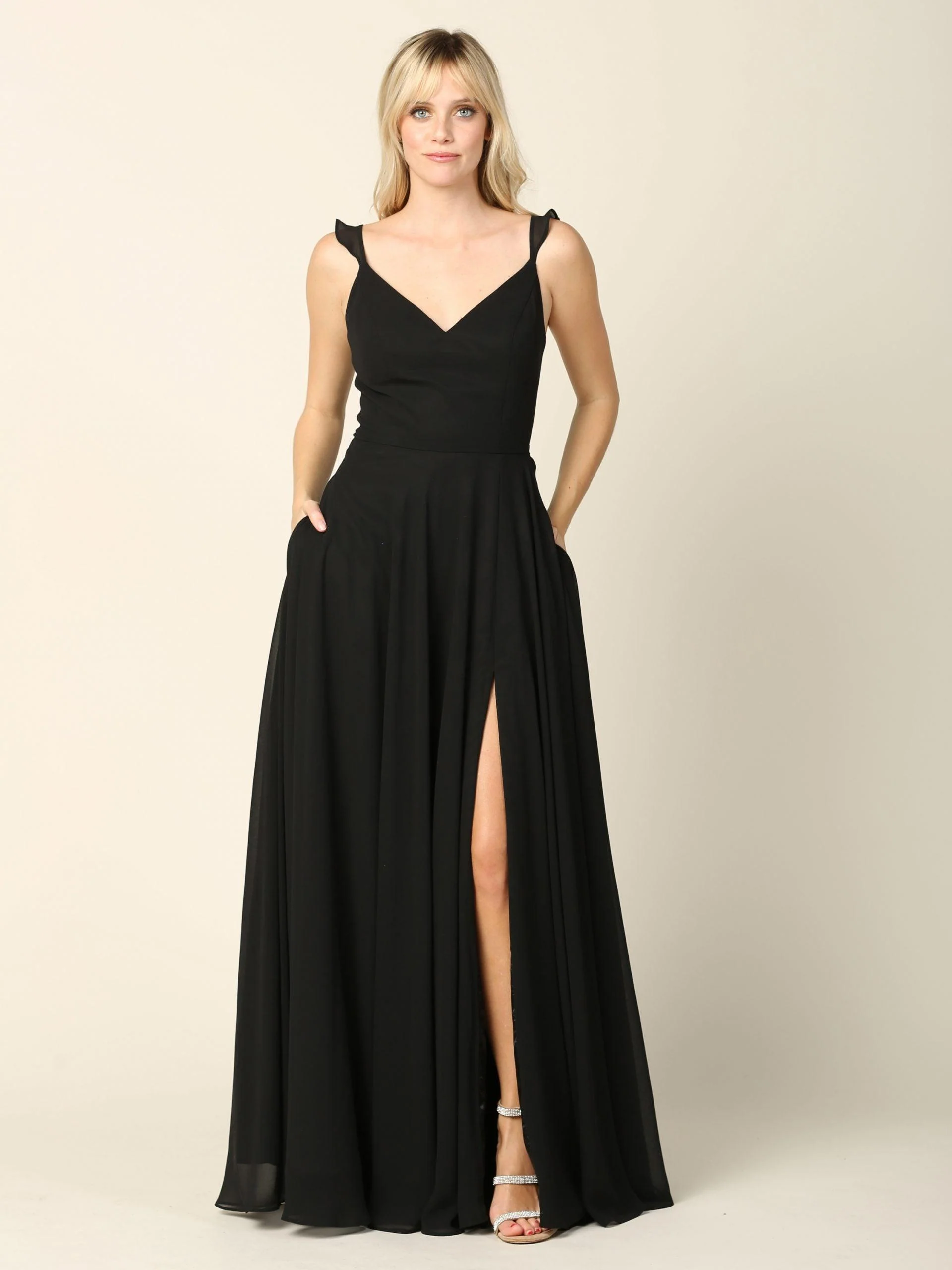 Long Bridesmaids Ruffle Sleeve Chiffon Gown