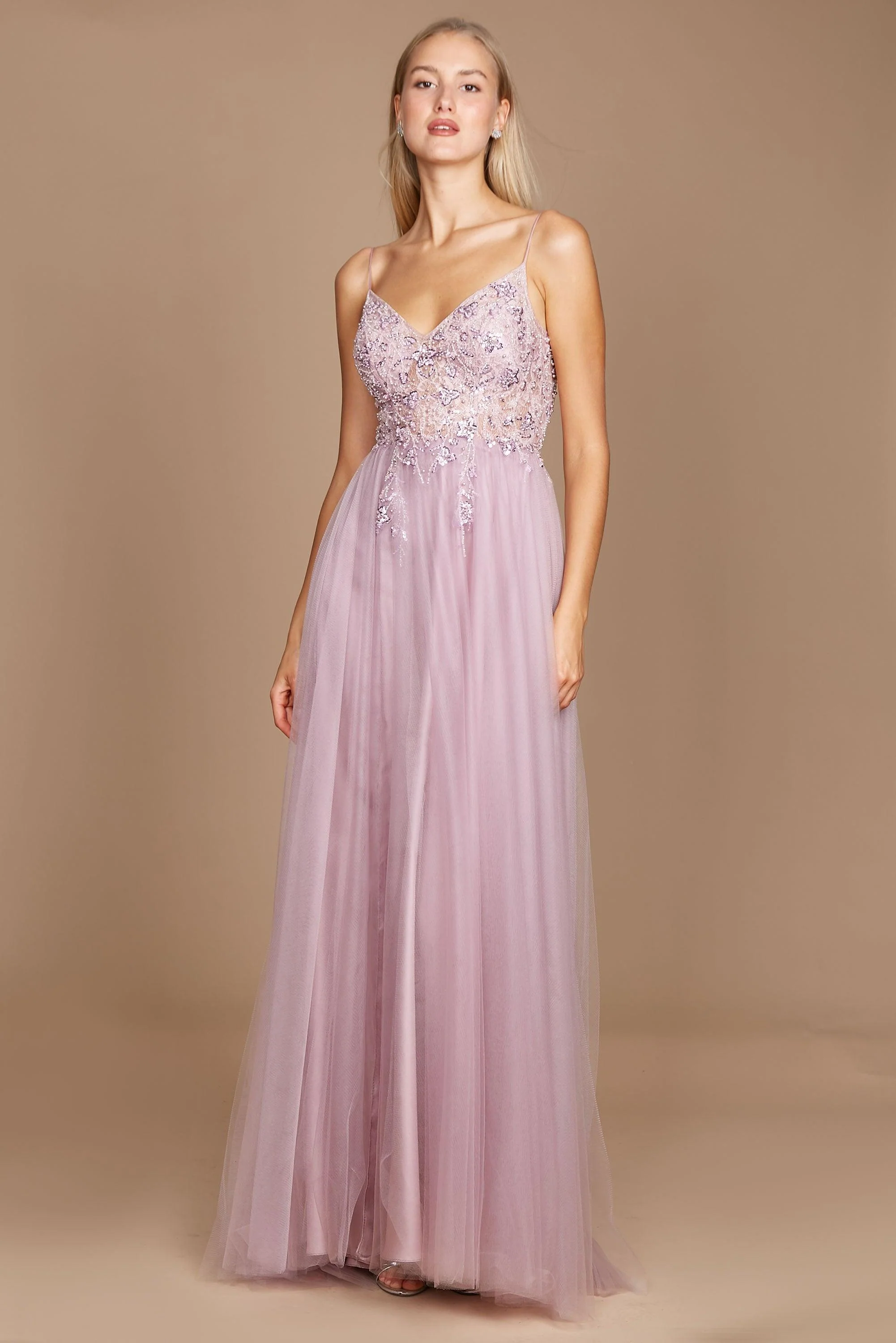 Dylan & Davids Long Jeweled Beaded Tulle Prom Dress