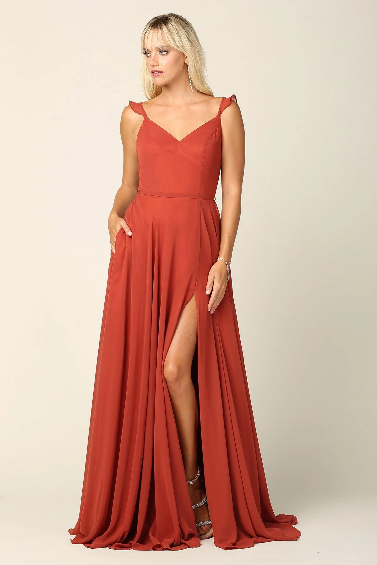 Long Bridesmaids Ruffle Sleeve Chiffon Gown
