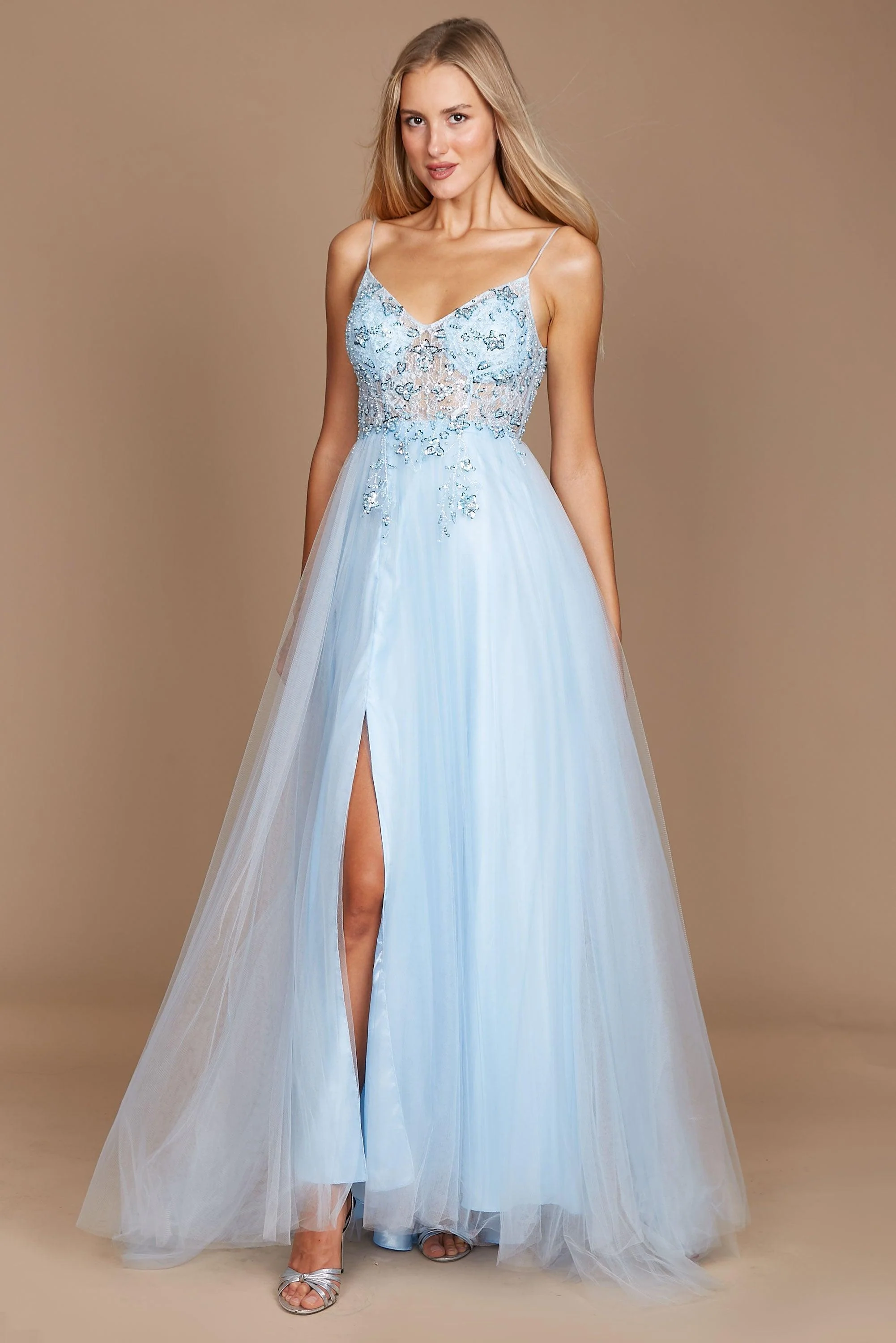Dylan & Davids Long Jeweled Beaded Tulle Prom Dress