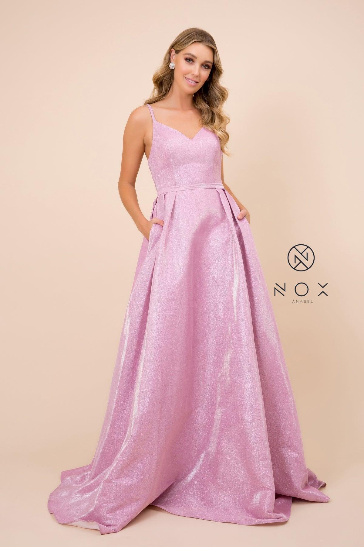 Long Metallic V Neck Formal Prom Dress Evening Gown