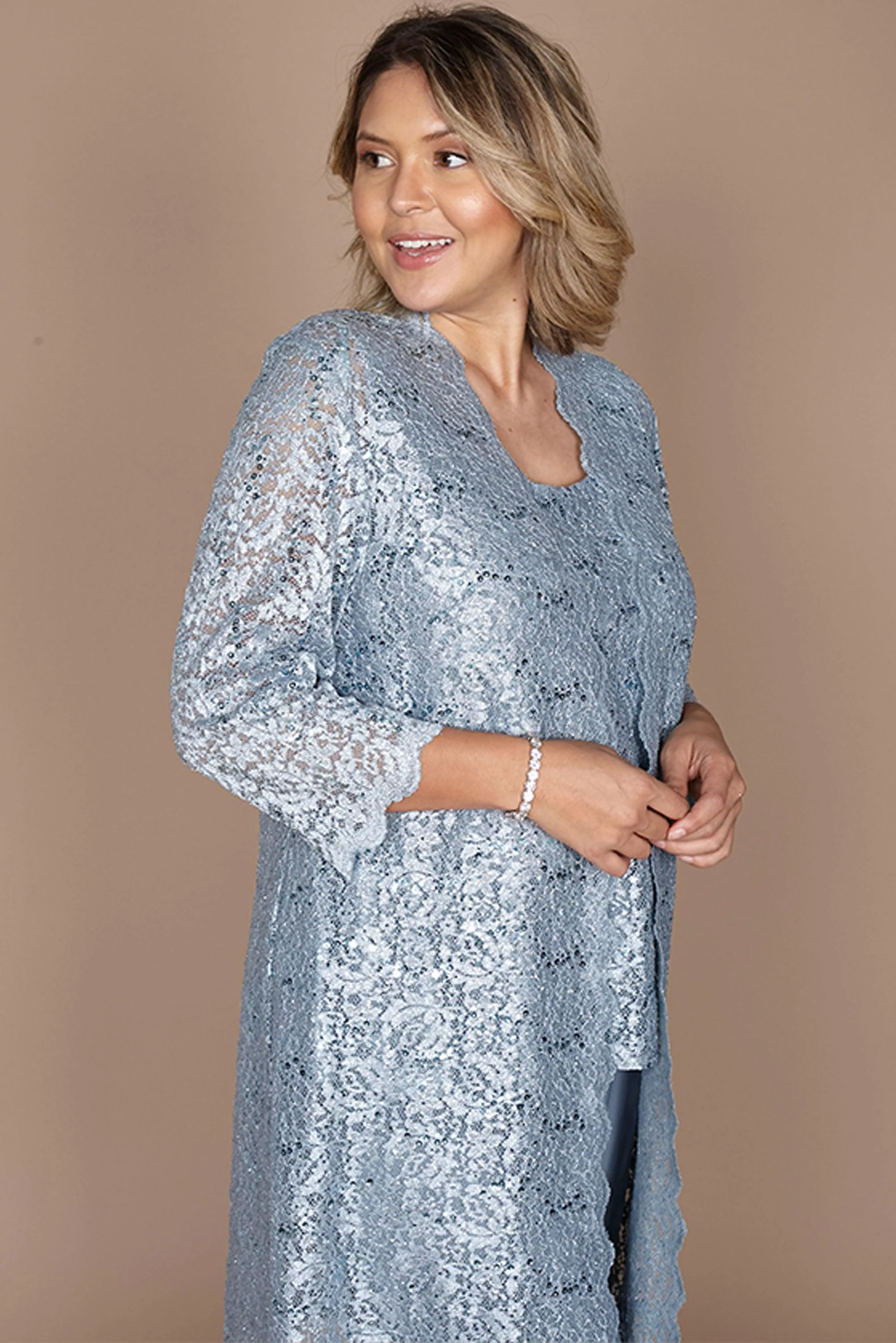 R&M Richards 1993P Metallic Lace Petite Pant Suit