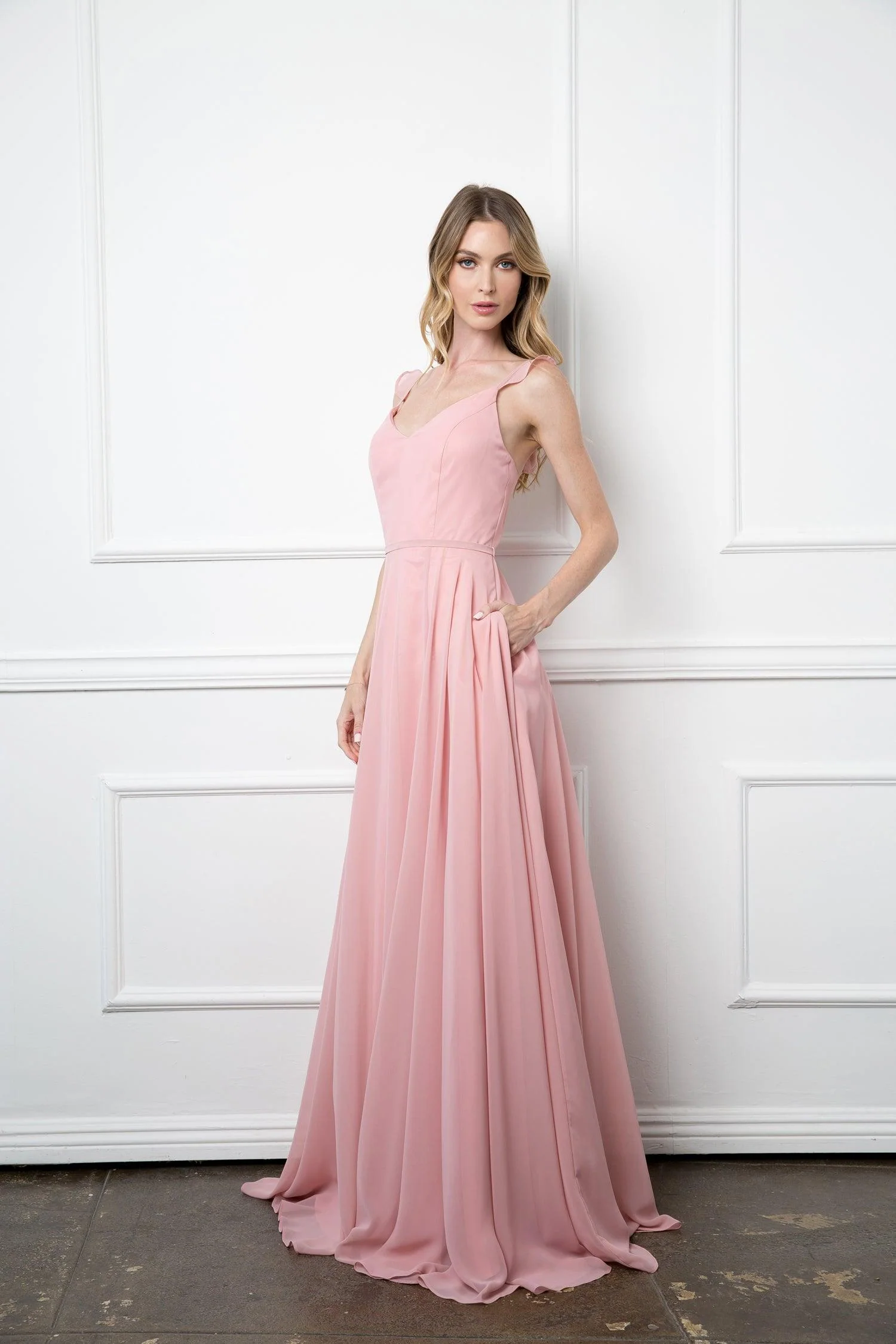 Long Bridesmaids Ruffle Sleeve Chiffon Gown