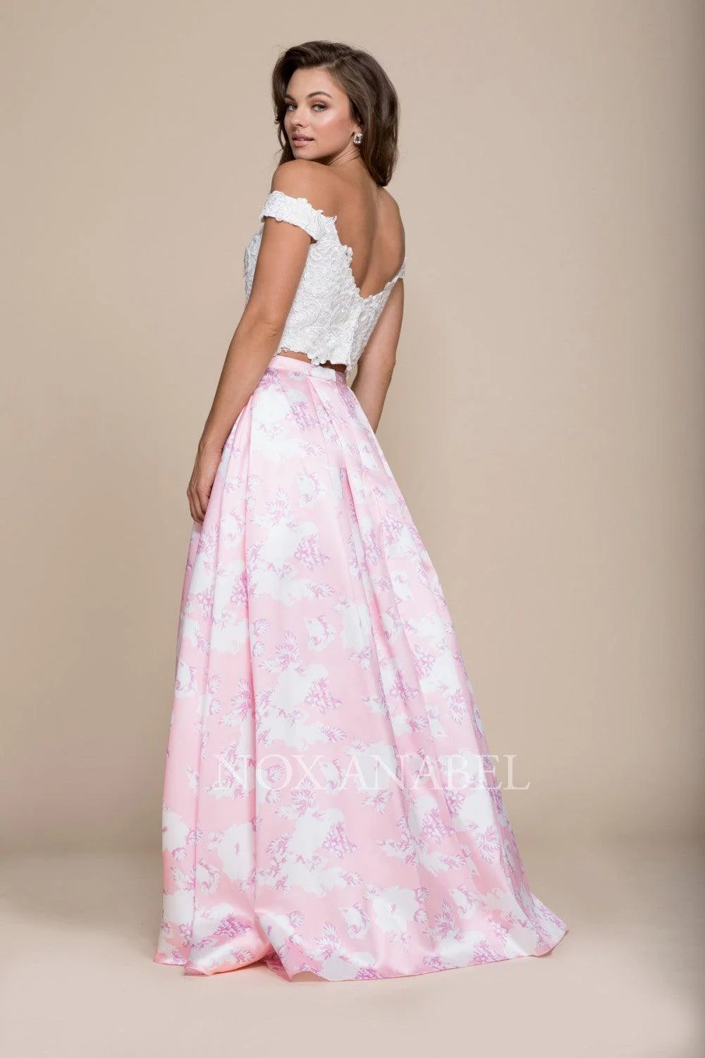 Long Two Piece Floral Print Prom Dress