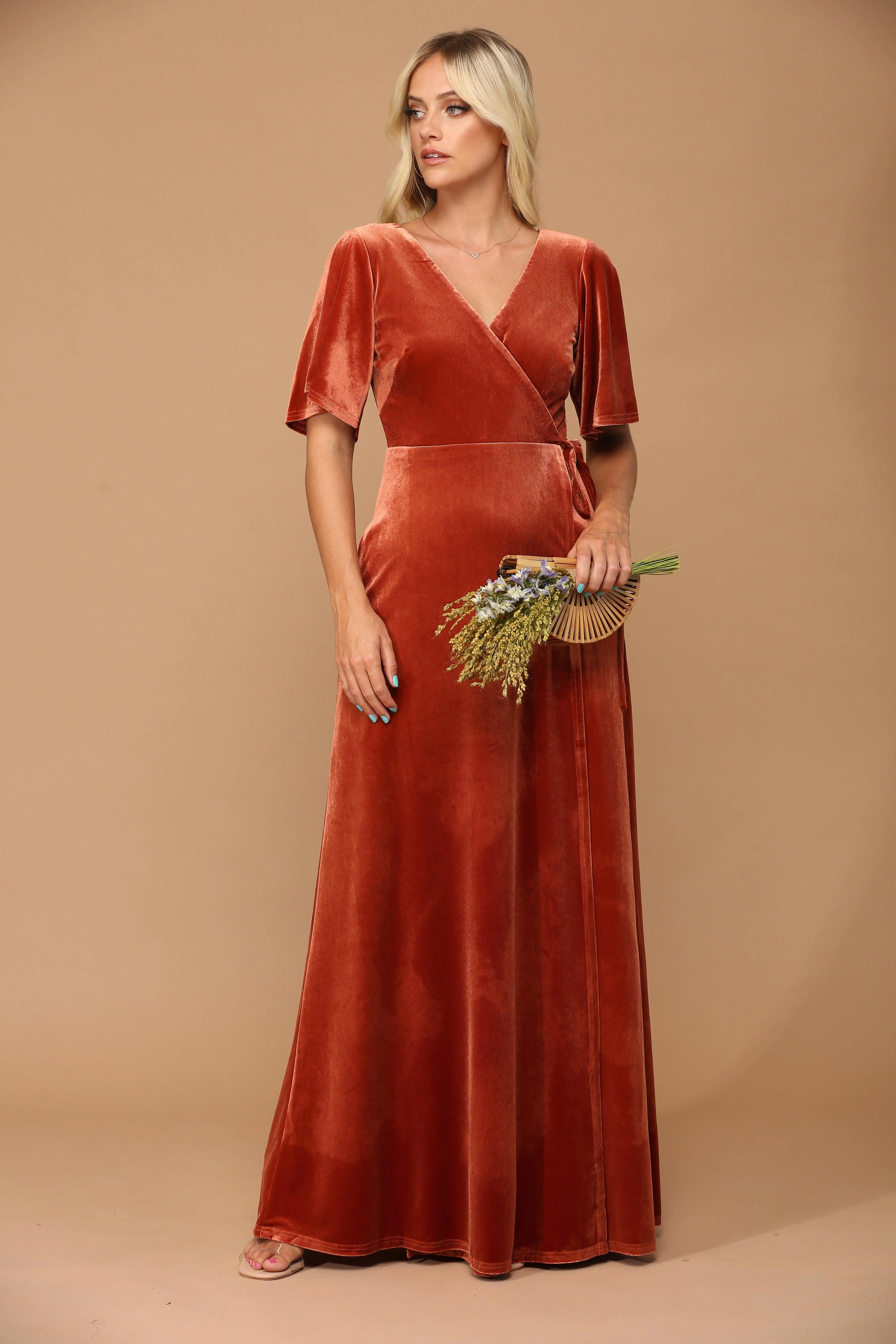 Mother of the Bride Long Flutter Sleeve Velvet Gown