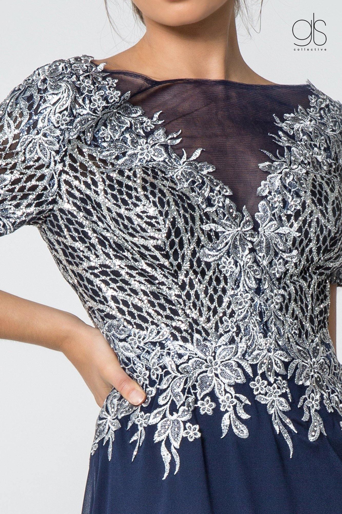 Long Formal Mother of the Bride Metallic Lace Chiffon Dress Sale