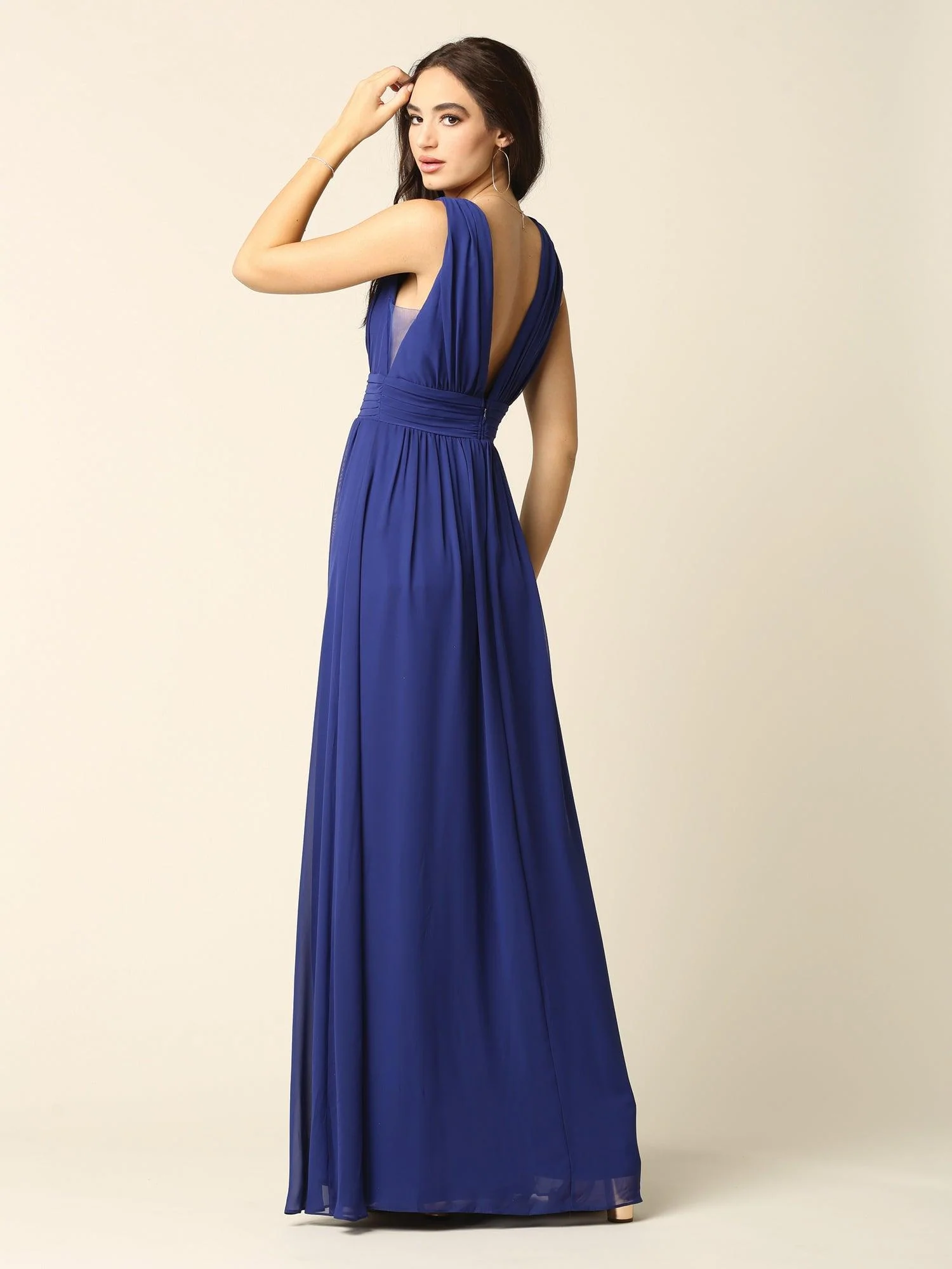 Long Sleeveless Formal Bridesmaids V Neck Dress