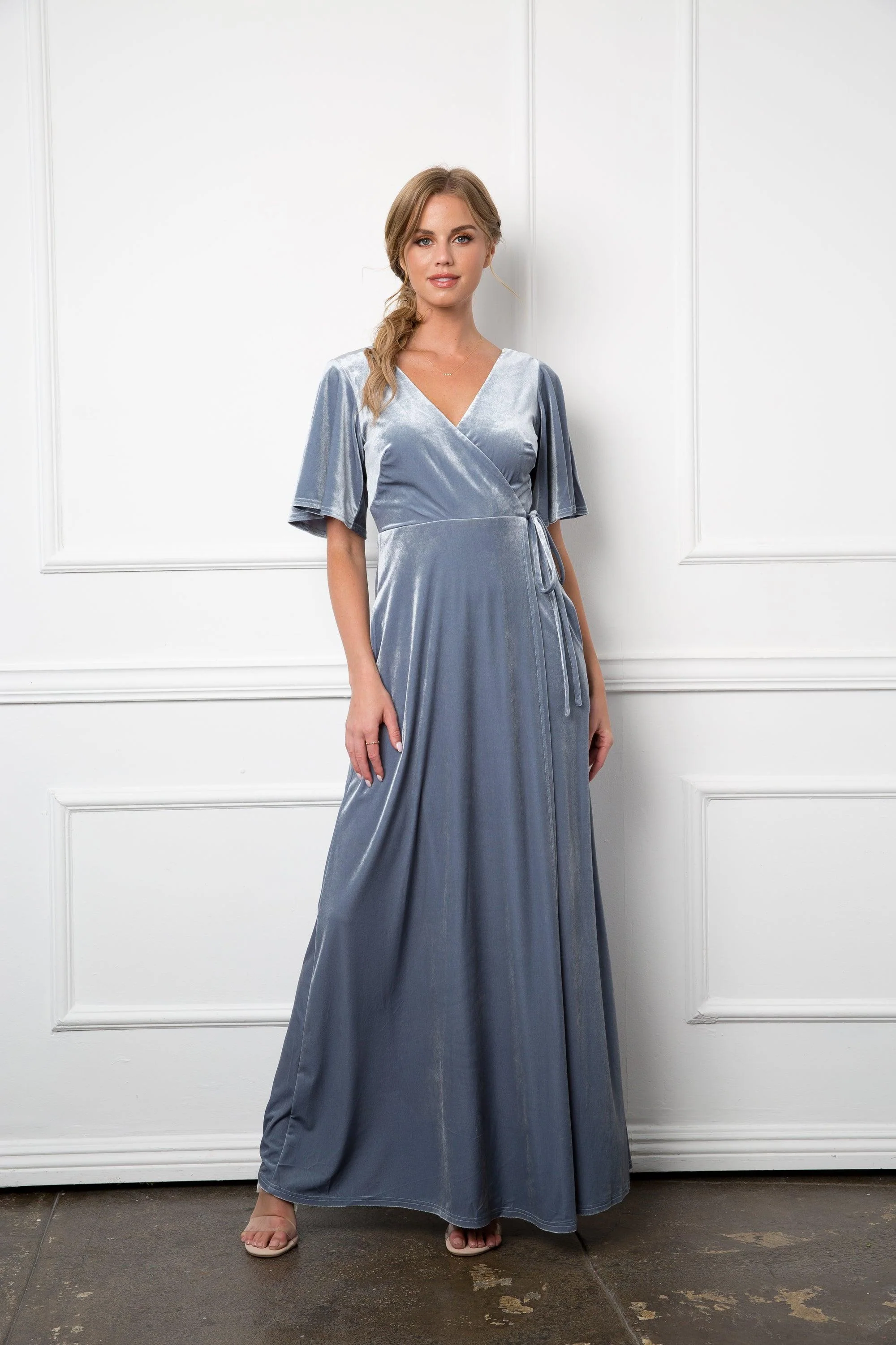 Mother of the Bride Long Flutter Sleeve Velvet Gown