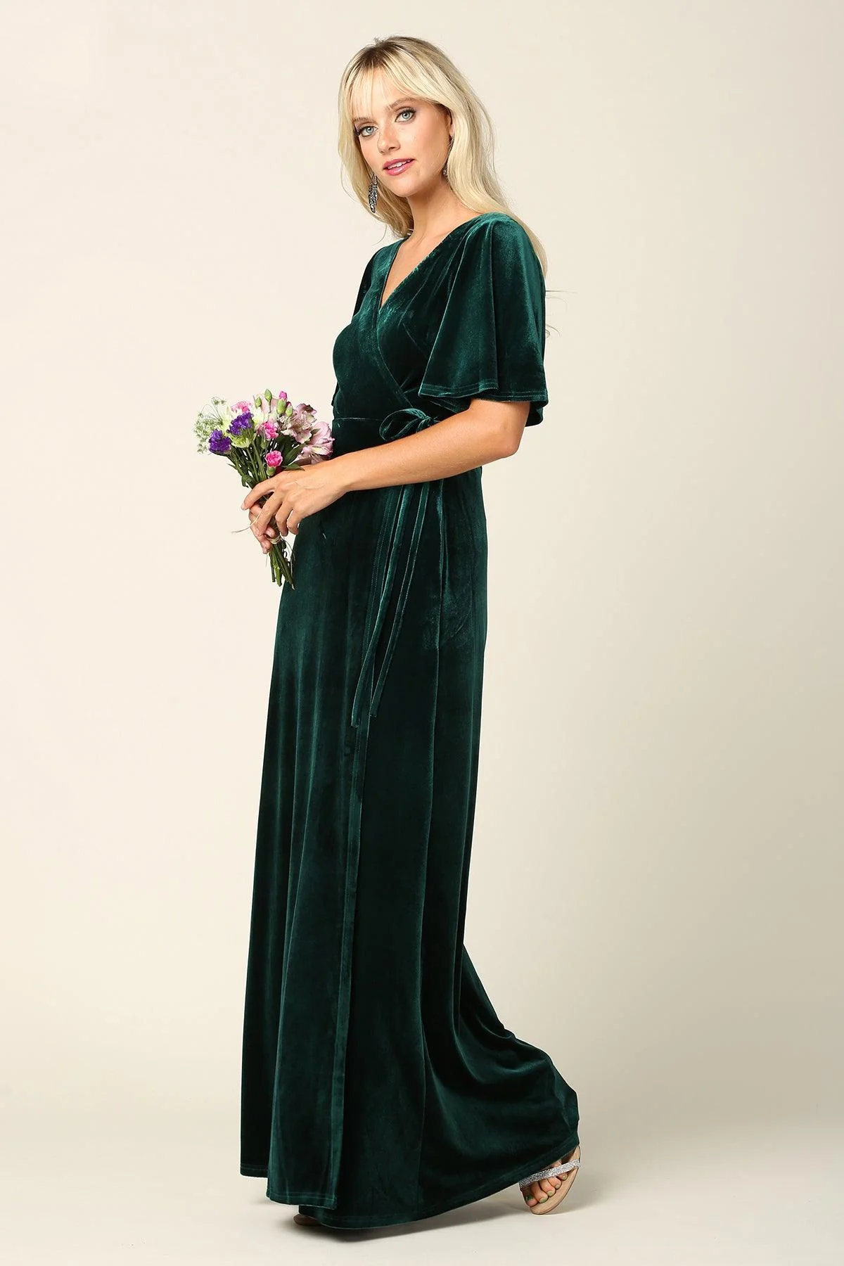 Mother of the Bride Long Flutter Sleeve Velvet Gown