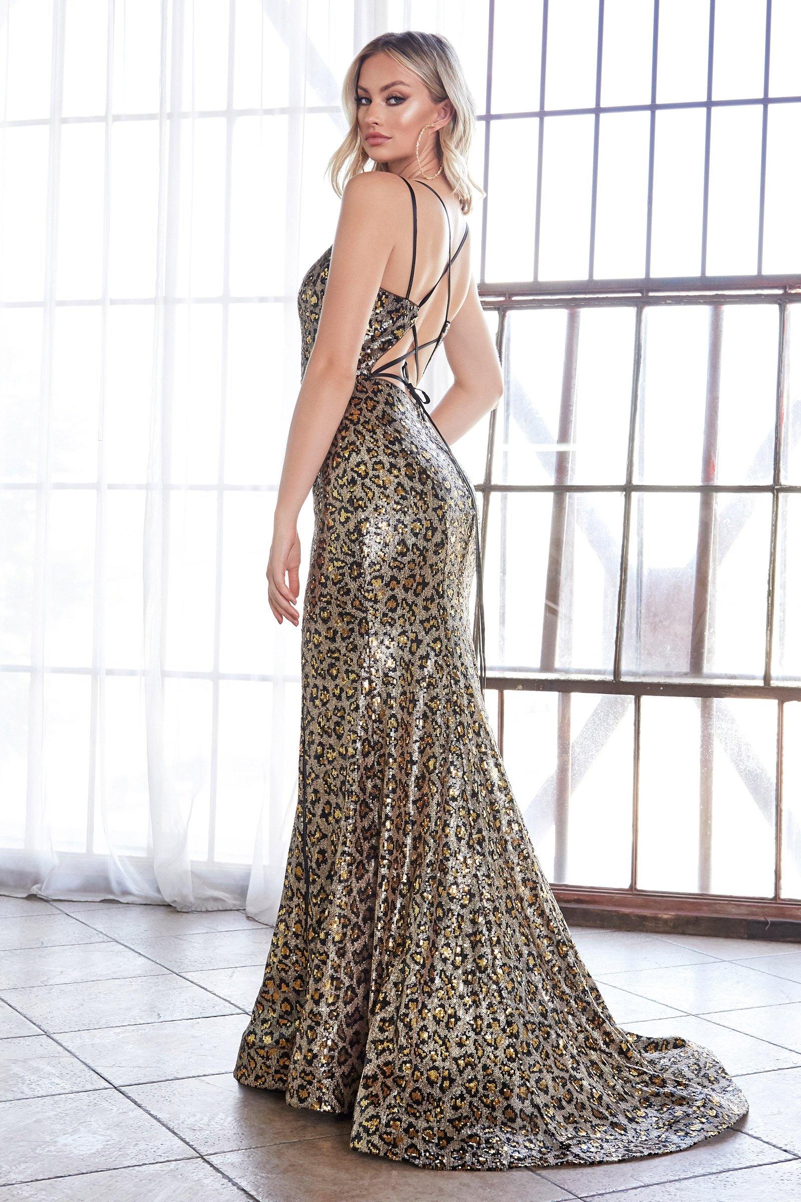 Cinderella Divine CD0159 Long Spaghetti Strap Formal Leopard Print Prom Gown