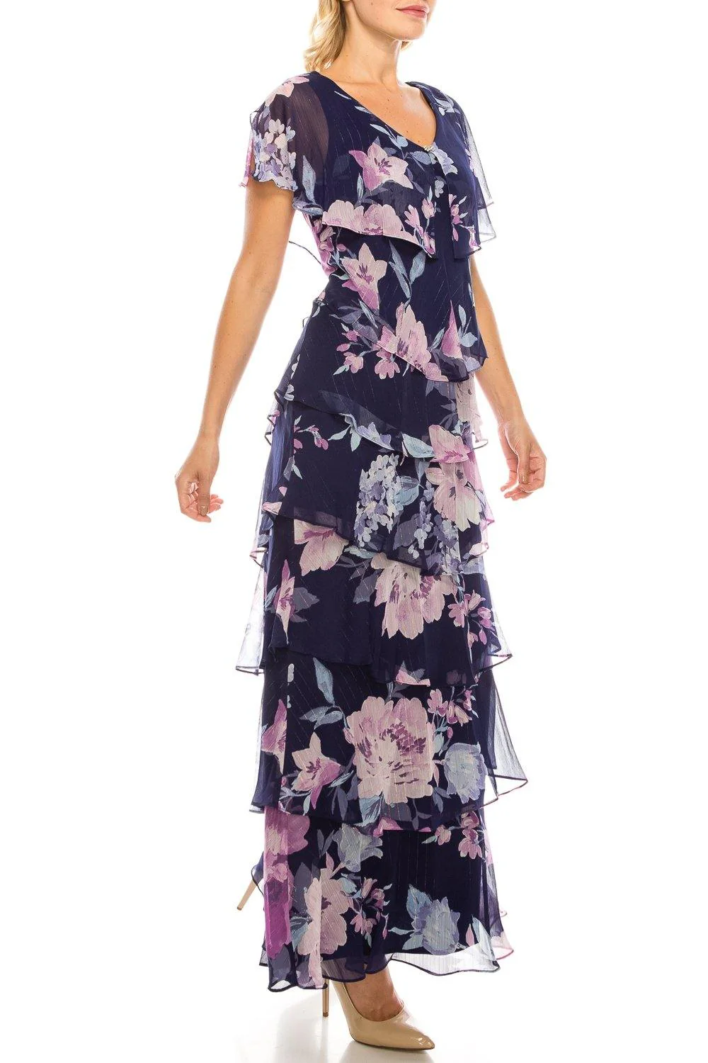 SL Fashions 9171432 Long Formal Multi Floral Printed Tiered Dress