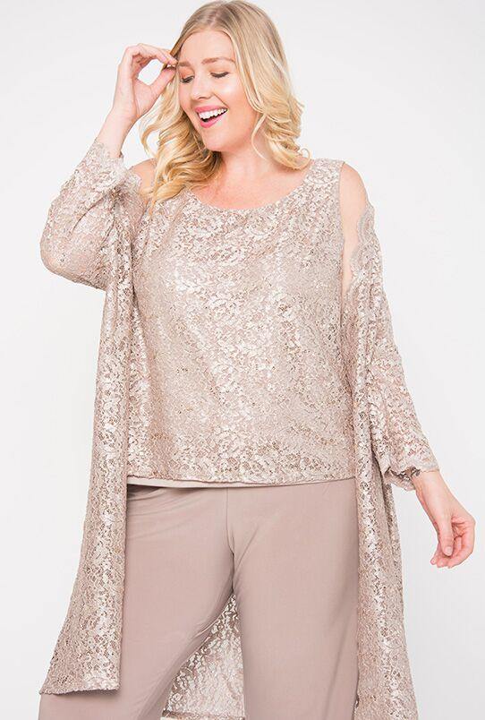 R&M Richards 1993P Metallic Lace Petite Pant Suit