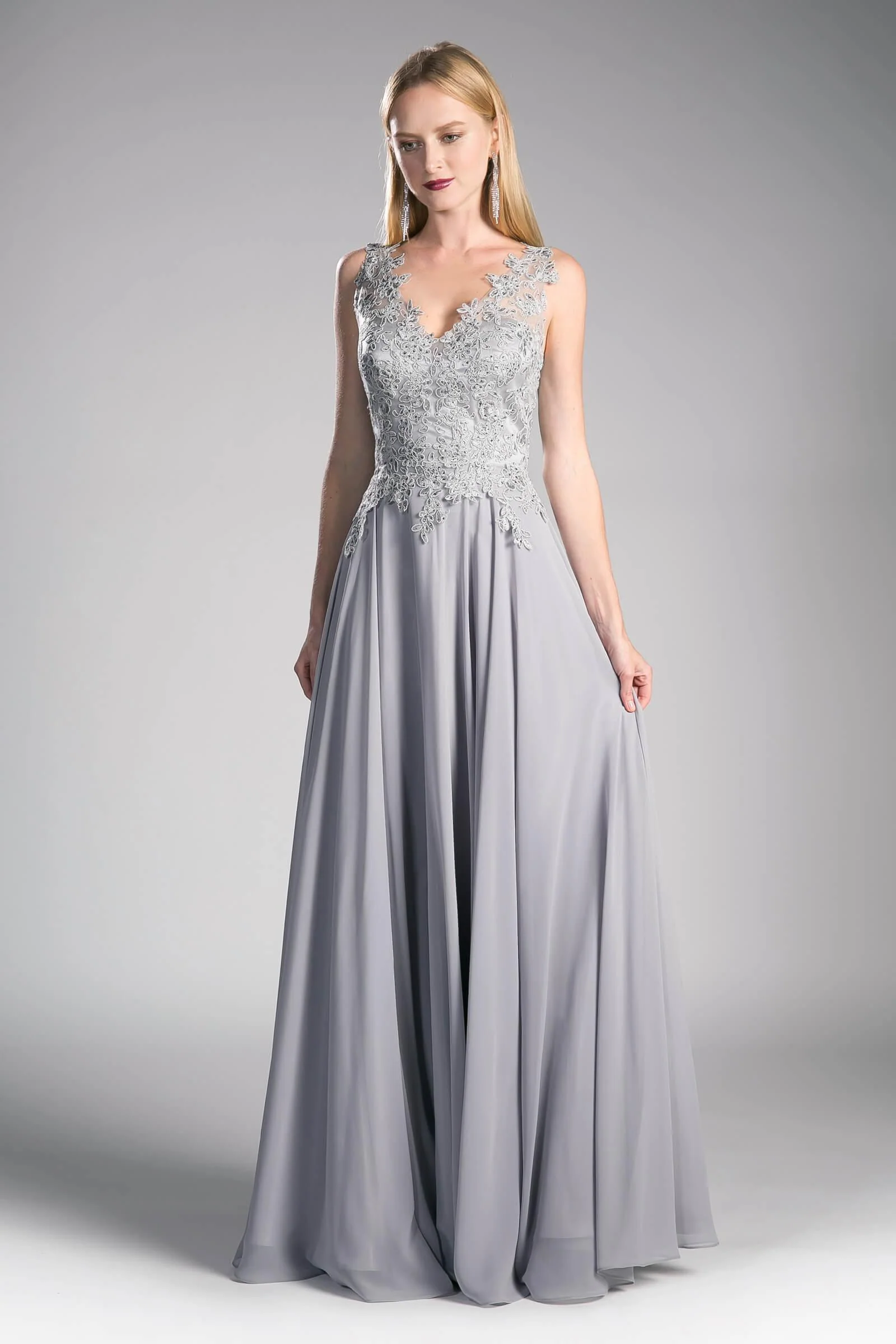 Cinderella Divine CD9177 Long Chiffon V-Neck Prom Sleeveless Formal Dress