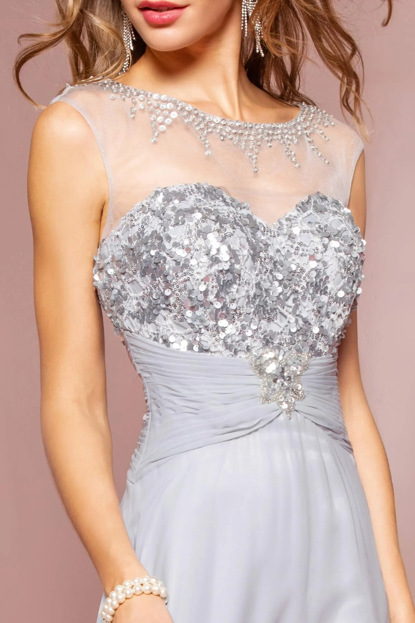 Sequin Embellished Chiffon Long Prom Dress