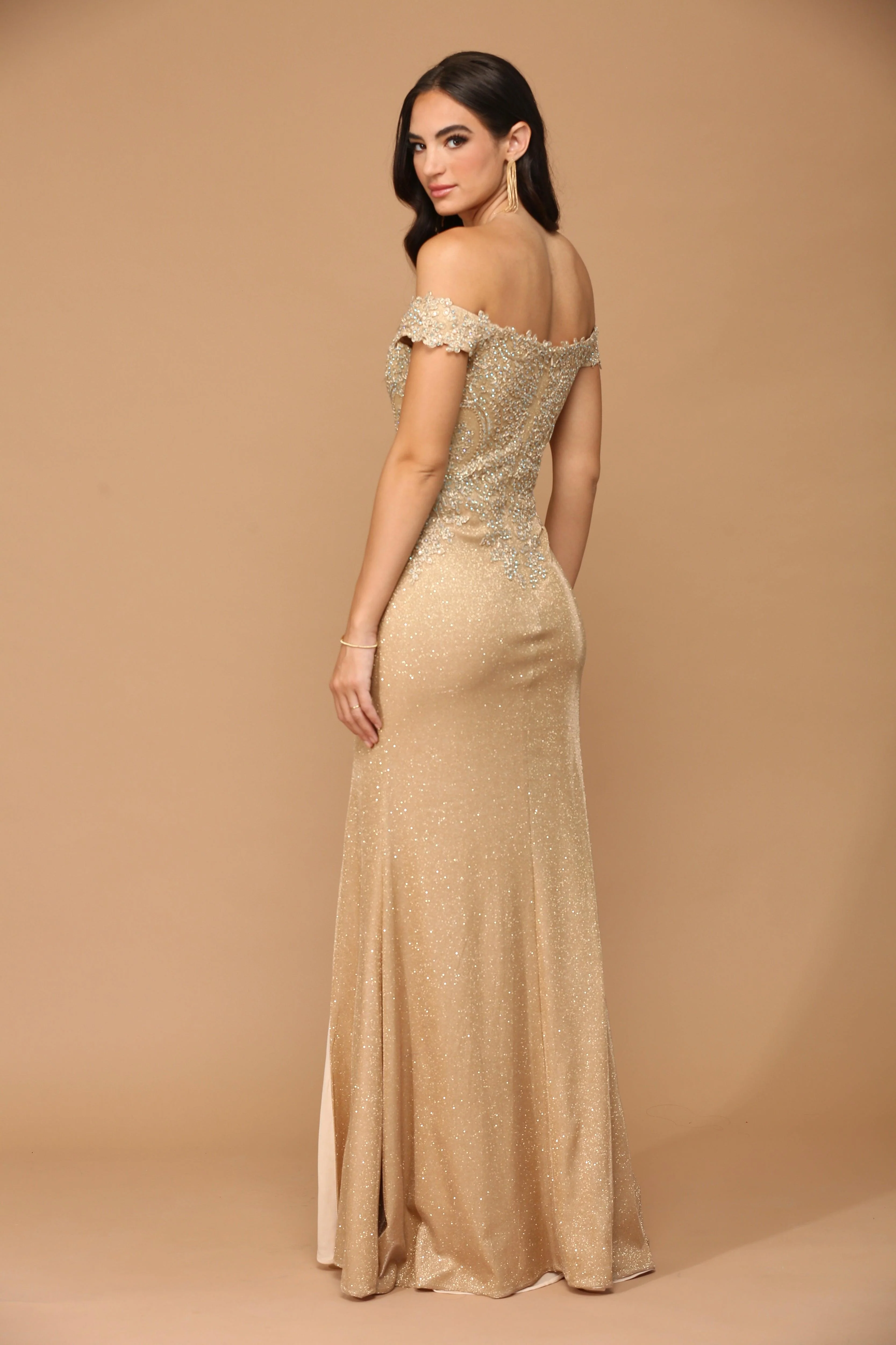Long Off Shoulder Formal Metallic Prom Dress