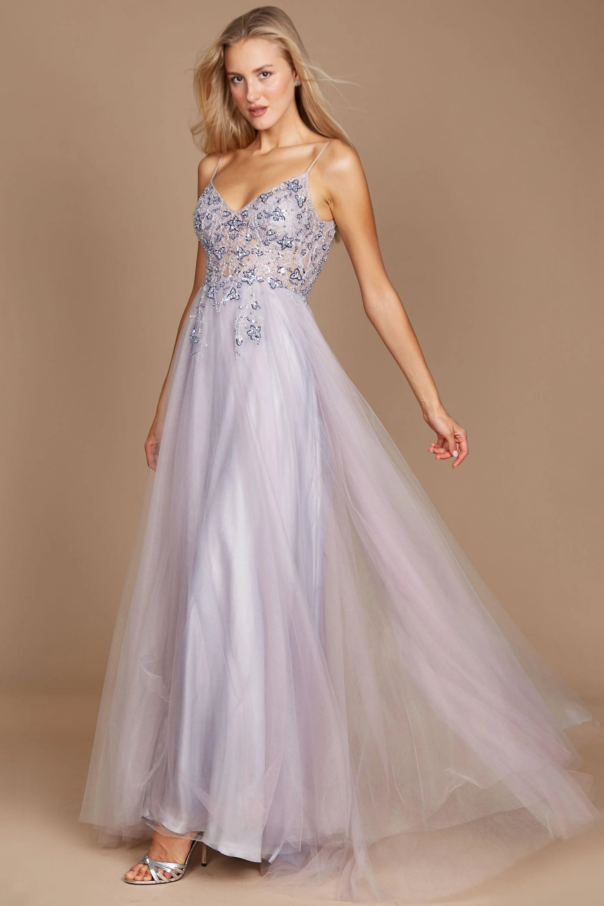 Dylan & Davids Long Jeweled Beaded Tulle Prom Dress